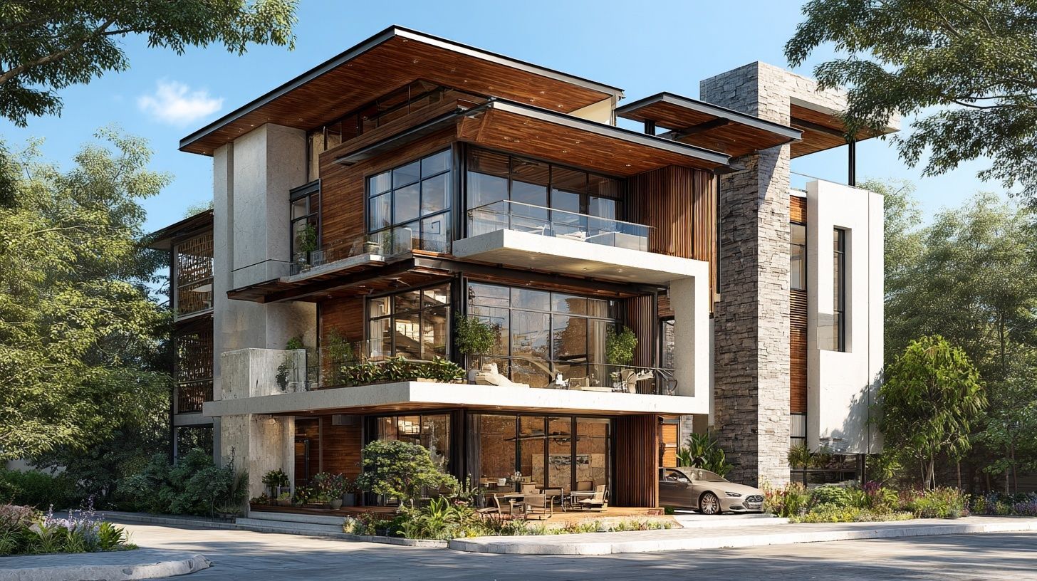 4-storey house design, with terrace, large glass doors, surrounded by inner-city roads and trees.