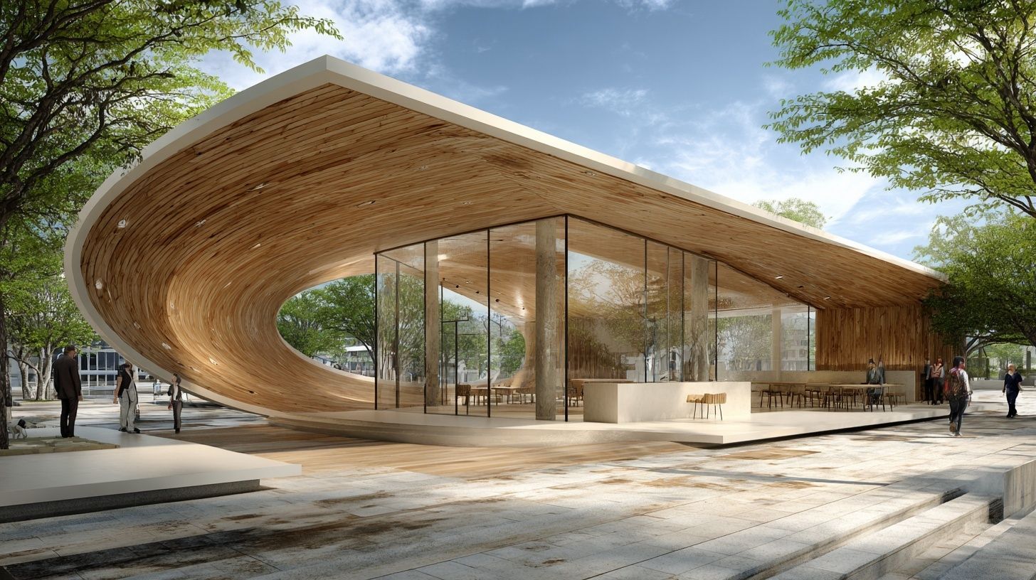 Architectural drawing of a small modern building made of wood and white steel with a large oval opening. People are walking in front of it, in a perspective view at eye level. 2D rendering.