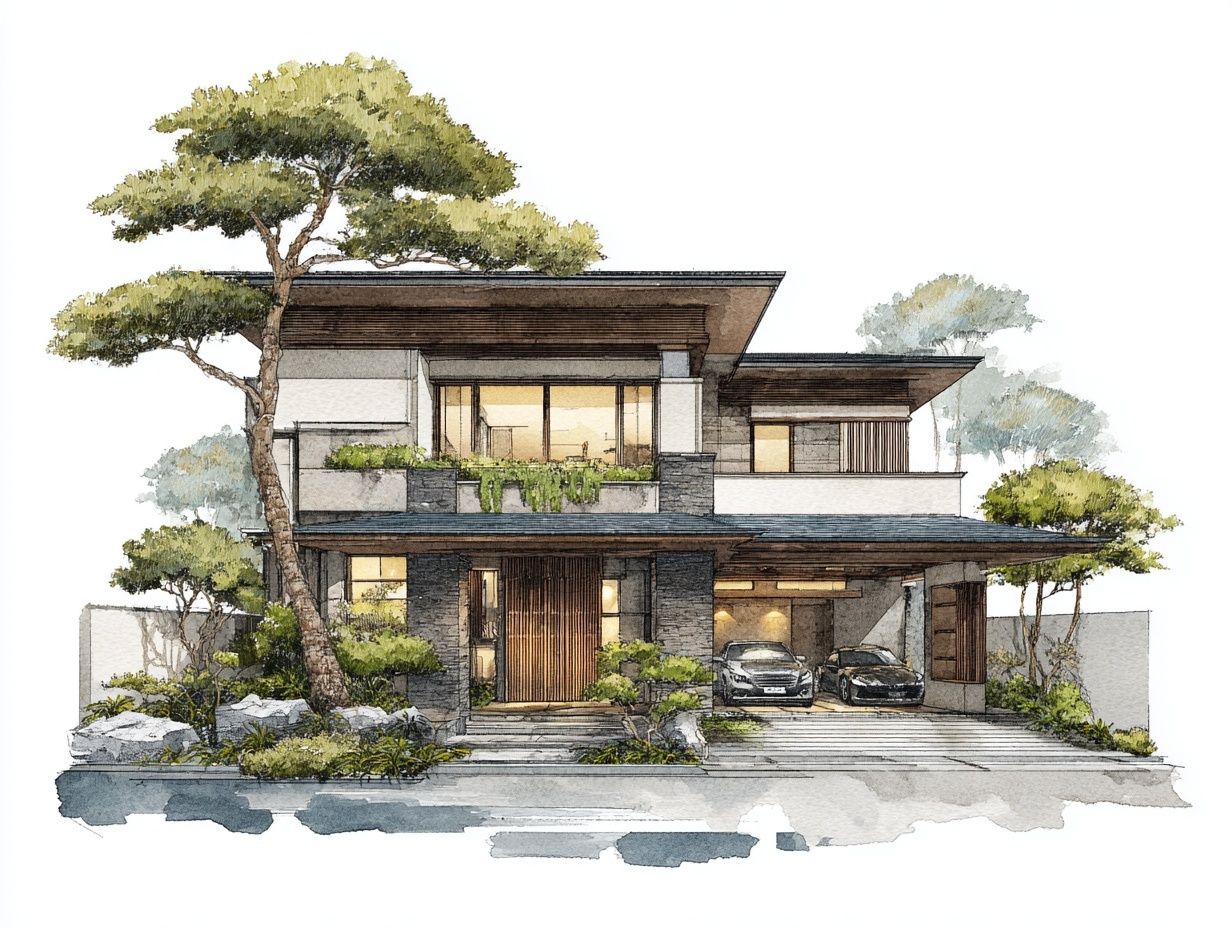 A modern Asian house with a warm natural lighting, surrounded by trees and balanced landscape, symbo