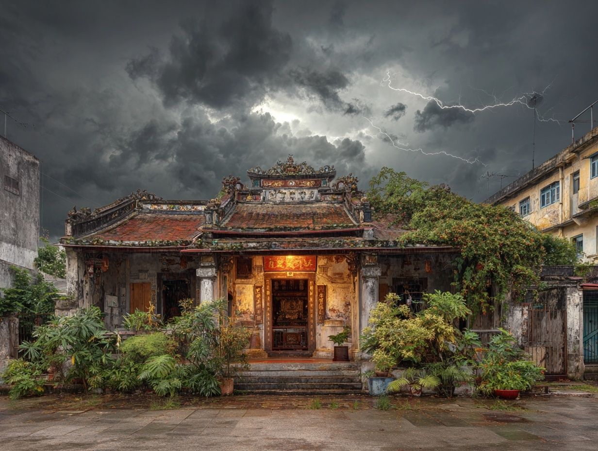 A house facing directly a police station or temple, with heavy and unsettled energy atmosphere.