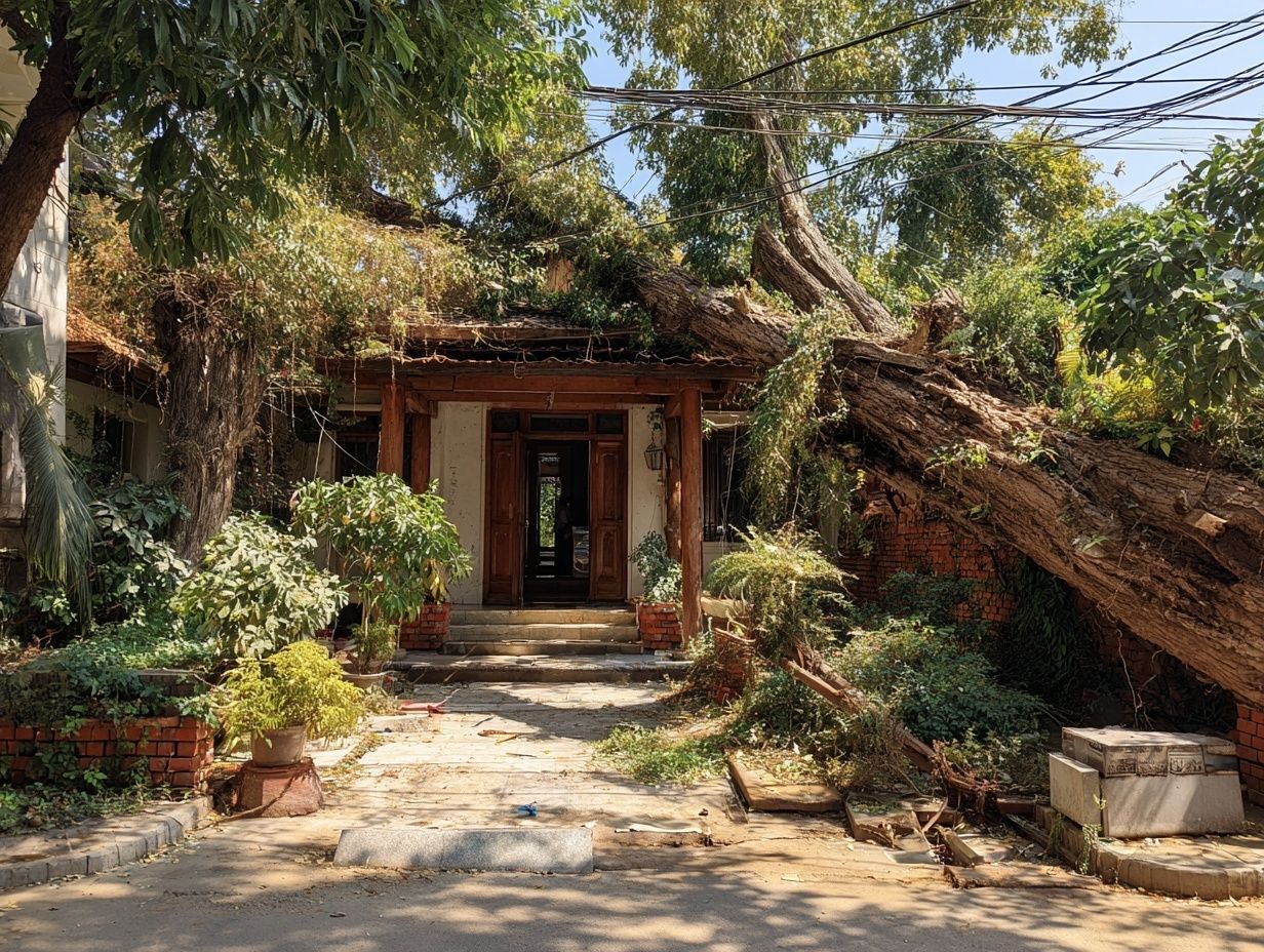 A house entrance directly blocked by a huge tree trunk or an electricity pole, obstructing flow of energy.