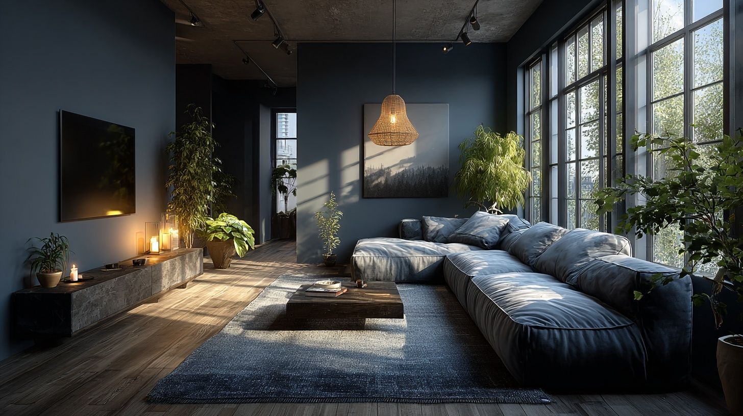 photorealistic interior render of a Minimalist Living Room in a Apartment, Photorealistic interior render, Dramatic shadows, features: Sofa, Coffee table, TV console, Pendant lamp, Indoor plants, Rug