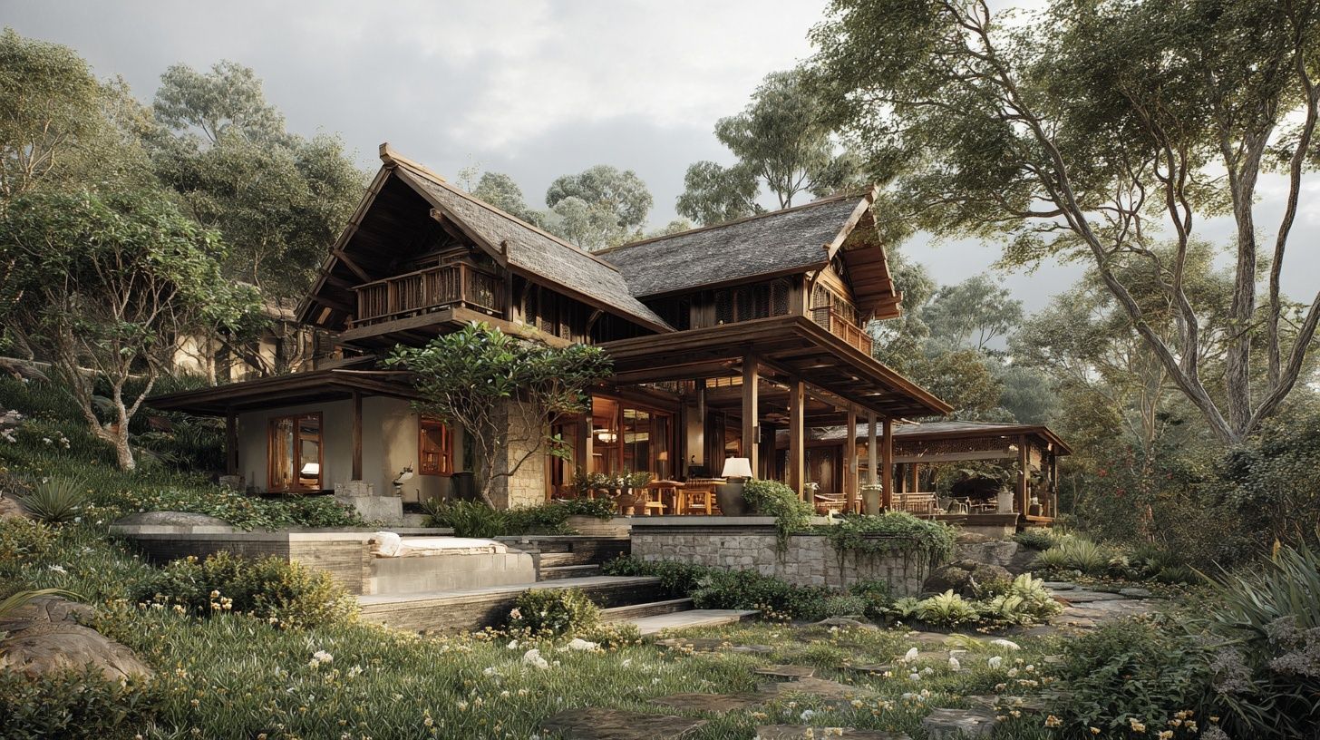 Exterior facade concept. style tone: Traditional Thai. Café, gross area 220 sqm, one-story, 4BR, 3BA, 2 car(s), extras: double-height living. site 12x26 m, orientation West, plan scale 1:150, terrain steep hillside, climate temperate oceanic. plant palette: oak, birch, beech hedge, yew topiary, bluebells, lawn with daisies. low-angle camera, aspect 16:9, blue hour light, overcast soft mood, people: no people. render style watercolor wash, detail high. materials & cues: elevated timber house, steep gables, tiered eaves, carved wood, open veranda, lotus pond. keep design cohesion across all views. no brands, no logos, no celebrity likeness, no watermark.