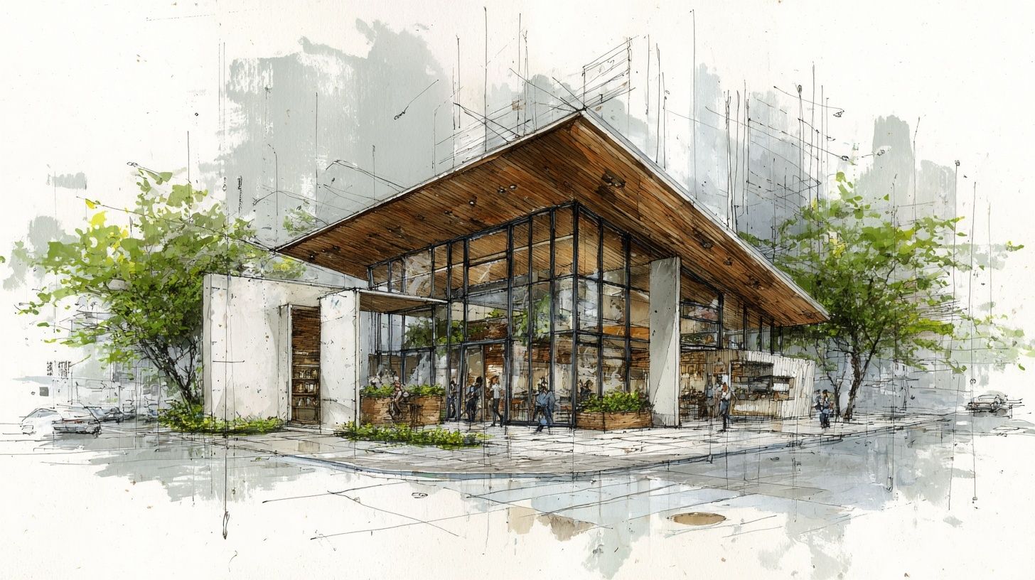Architectural drawing of a small modern building with wood and glass, white walls, wooden eaves on the roof, large windows, a coffee shop inside, a parking lot in front, trees behind it, people walking around, in the style of an architectural sketch, light gray background, green pencil strokes, white color theme, architectural details, modern architecture, modern cityscape, architectural sketching, drawing with an ink pen and colored pencils, architectural drawing, architectural concept art.