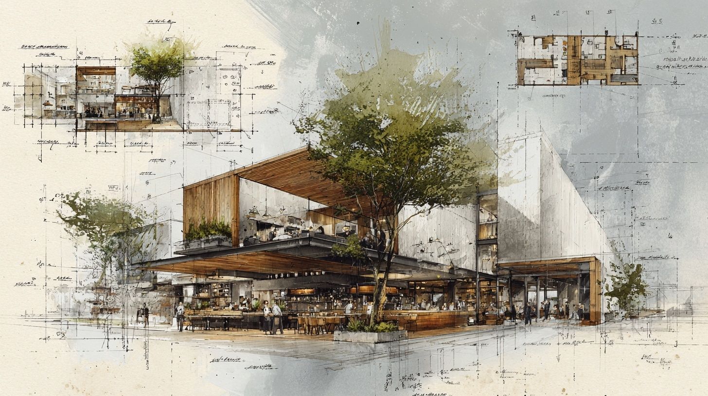 Architectural drawing collage of a mixed-use development. In the middle is the main plan view, and around it are different perspective views. Restaurants with wooden interiors and metal exteriors, large trees outside. Technical drawings made by hand on top of architectural plans, an architectural visualization rendering, with a limited color palette.