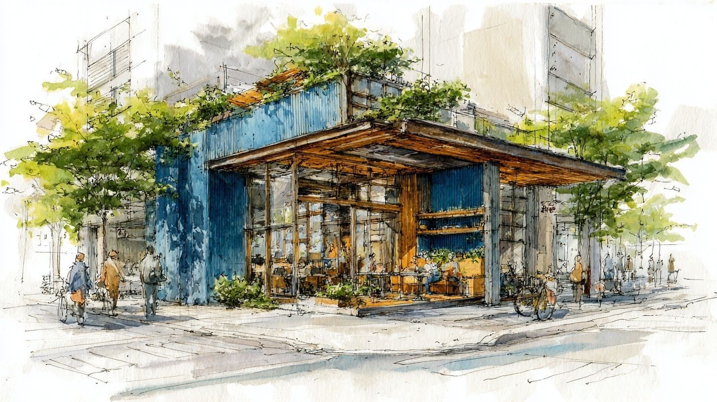 A small shop in the city, in the architectural sketch style, hand-drawn, with a wooden structure and