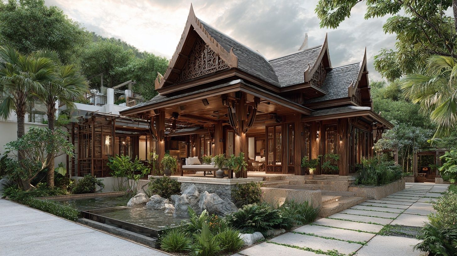 Exterior facade concept. style tone: Traditional Thai. House, gross area 140 sqm, one-story, 4BR, 2BA, 2 car(s), extras: rooftop garden, terrace. site 14x26 m, orientation North, plan scale 1:150, terrain hillside, climate tropical monsoon. plant palette: rain tree, frangipani, golden shower (cassia), bamboo, areca palm, plumeria. isometric camera, aspect 9:16, daylight light, overcast soft mood, people: no people. render style marker sketch, detail high. materials & cues: elevated timber house, steep gables, tiered eaves, carved wood, open veranda, lotus pond. keep design cohesion across all views. no brands, no logos, no celebrity likeness, no watermark.