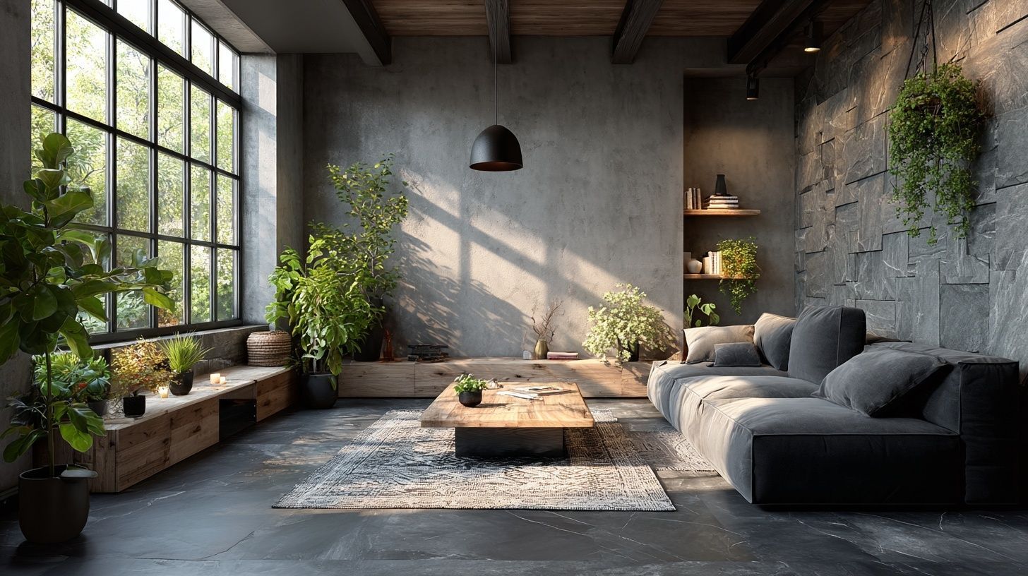photorealistic interior render of a Minimalist Living Room in a Apartment, Photorealistic interior render, Dramatic shadows, features: Sofa, Coffee table, TV console, Pendant lamp, Indoor plants, Rug