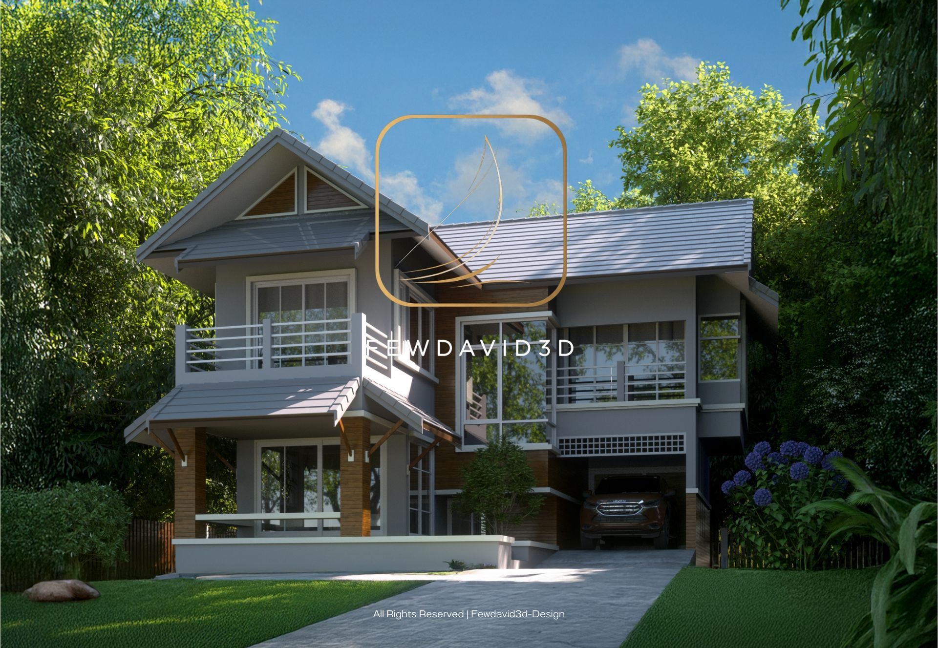 บ้านสองชั้นสไตล์โมเดิร์น-ทรอปิคอล พร้อมหลังคาทรงจั่ว โอบล้อมด้วยต้นไม้และพื้นที่สีเขียว มีโรงจอดรถและสนามหญ้าหน้าบ้าน ออกแบบโดย Fewdavid3D เพื่อความอบอุ่นและความกลมกลืนกับธรรมชาติ