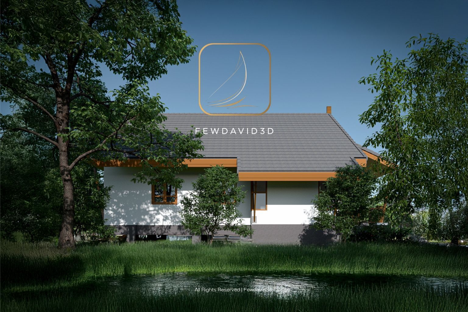 ภาพแบบบ้านชั้นเดียวสไตล์บ้านสวน ขนาดกะทัดรัด มีระเบียงหน้าบ้าน เหมาะสำหรับครอบครัวเล็ก ออกแบบโดย FEWDAVID STUDIO