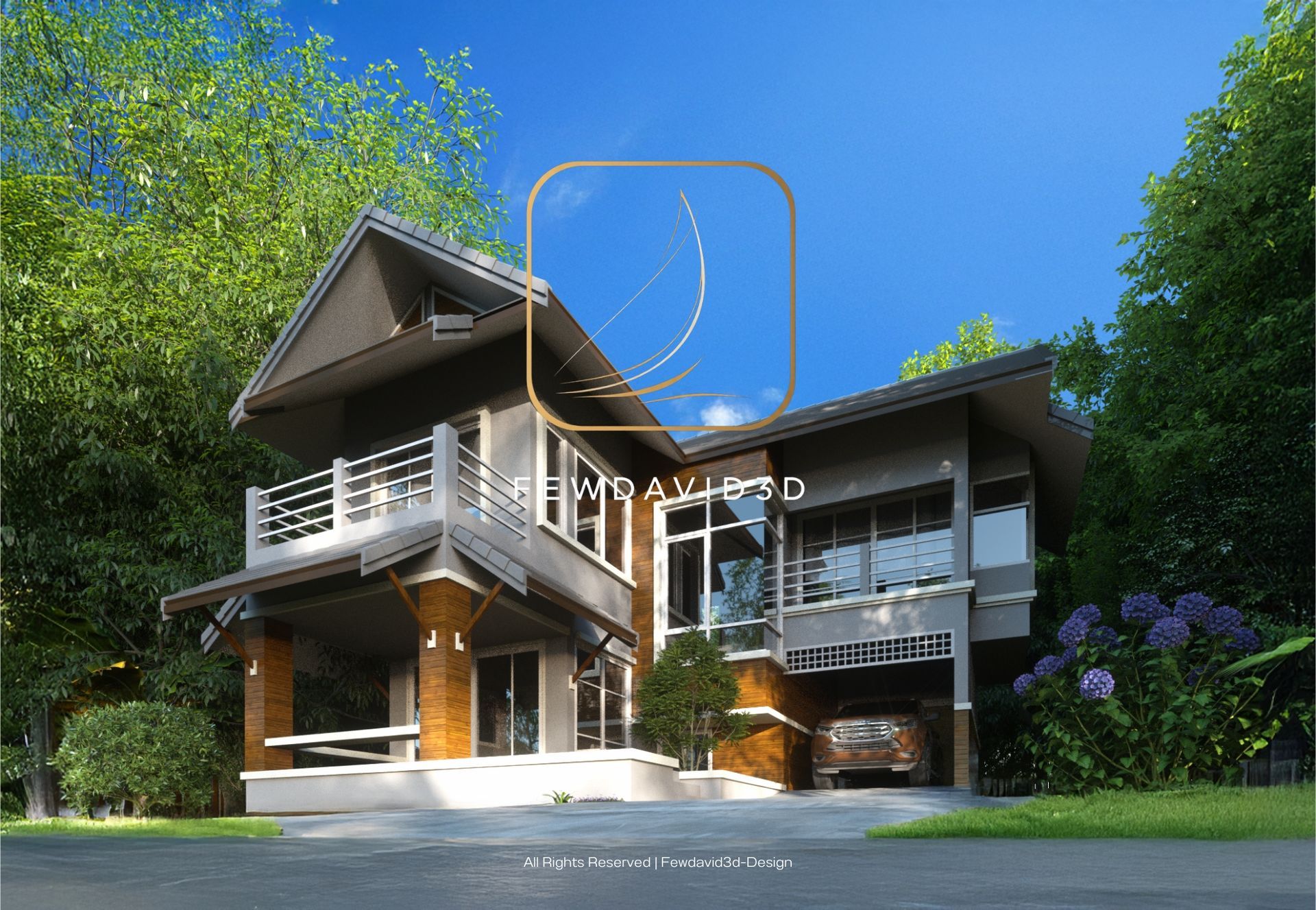บ้านสองชั้นสไตล์โมเดิร์น-ทรอปิคอล ออกแบบทันสมัยด้วยหลังคาทรงจั่วและระเบียงด้านบน มีโรงจอดรถในตัว รายล้อมด้วยสวนหย่อมและต้นไม้เพิ่มความร่มรื่น โดดเด่นด้วยการตกแต่งด้วยไม้และกระจก ออกแบบโดย Fewdavid3D