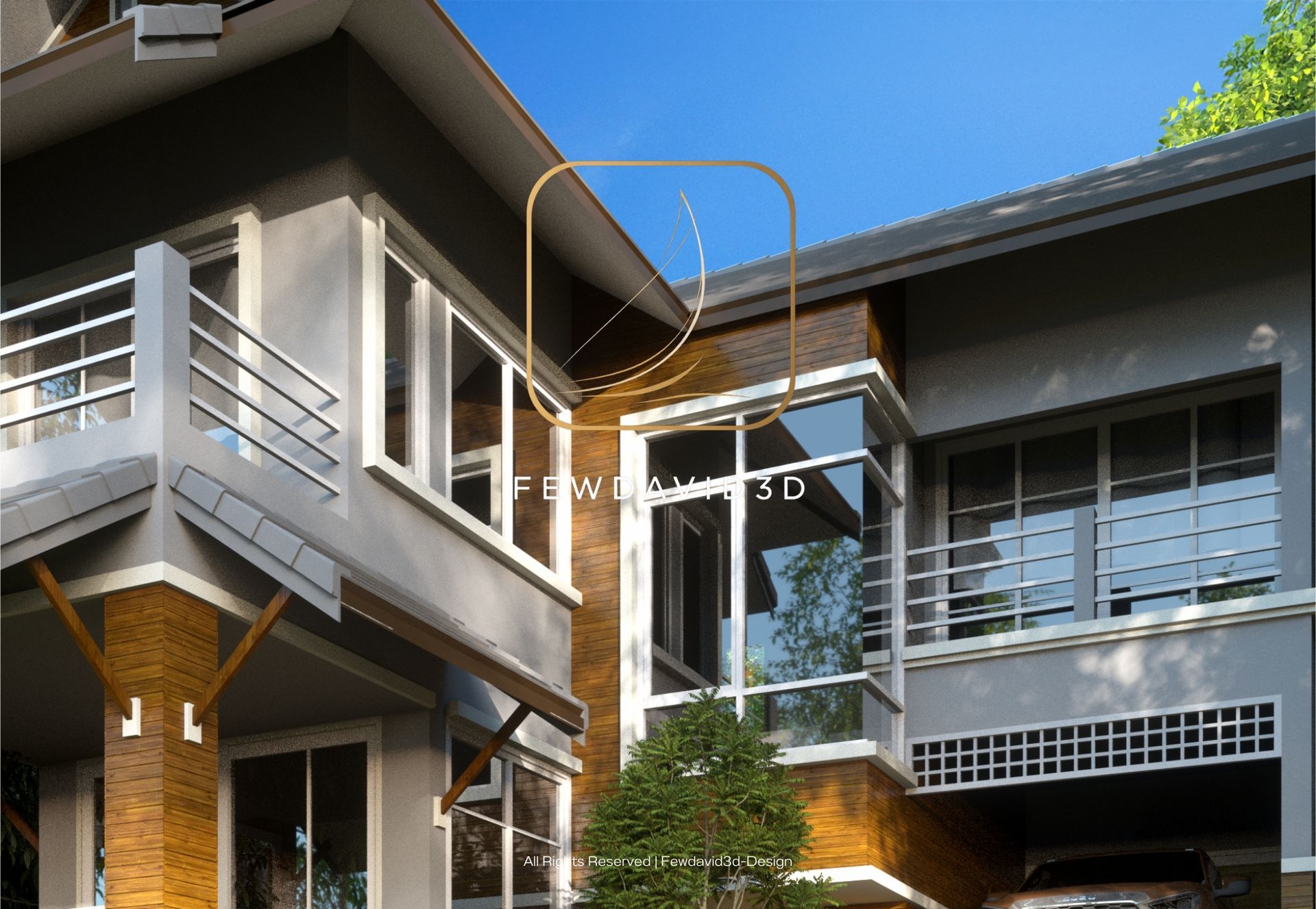 รายละเอียดของบ้านสองชั้นสไตล์โมเดิร์น-ทรอปิคอล โดดเด่นด้วยหน้าต่างกระจกบานใหญ่ที่เพิ่มแสงธรรมชาติและความโปร่งโล่ง พร้อมการตกแต่งด้วยไม้บริเวณผนังเพื่อความอบอุ่นและกลมกลืนกับธรรมชาติ ออกแบบโดย Fewdavid3D