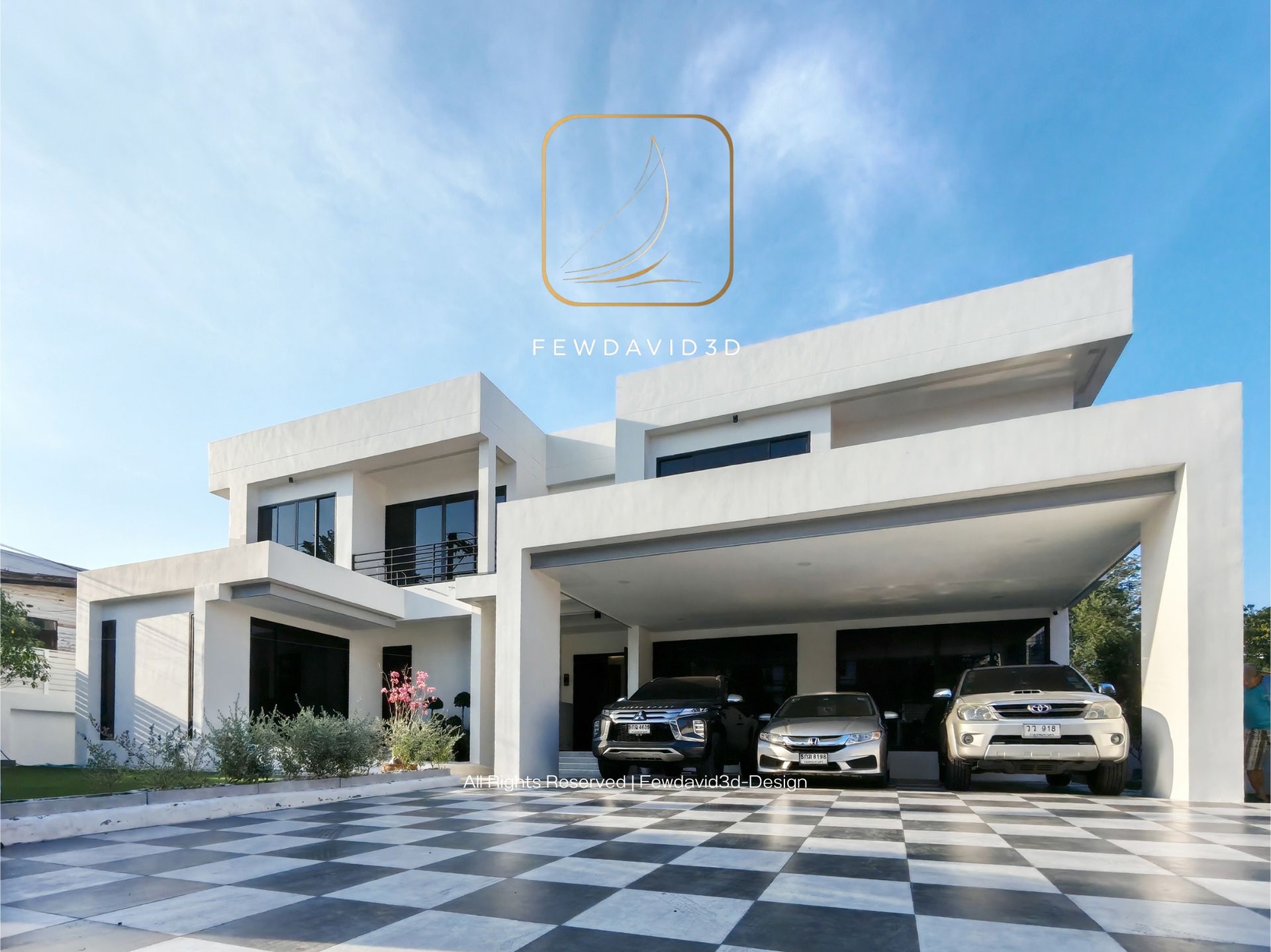 บ้านโมเดิร์นสีขาว 2 ชั้น พร้อมที่จอดรถ 3 คัน และสวนสีเขียวสวยงาม