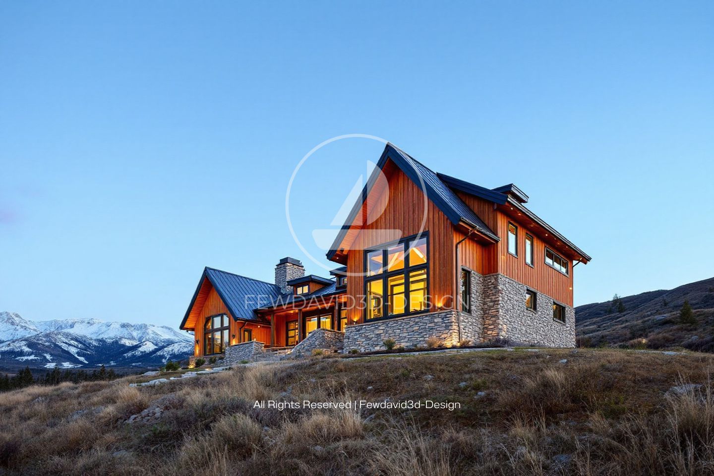 บ้านสไตล์ Mountain Lodge โดดเด่นด้วยการใช้ไม้และหิน ตั้งอยู่ท่ามกลางภูเขาและทุ่งหญ้า บนพื้นดินที่เป็นเนินเตี้ย มาพร้อมหลังคาจั่วสูงและหน้าต่างกระจกบานใหญ่ รับแสงธรรมชาติอย่างเต็มที่