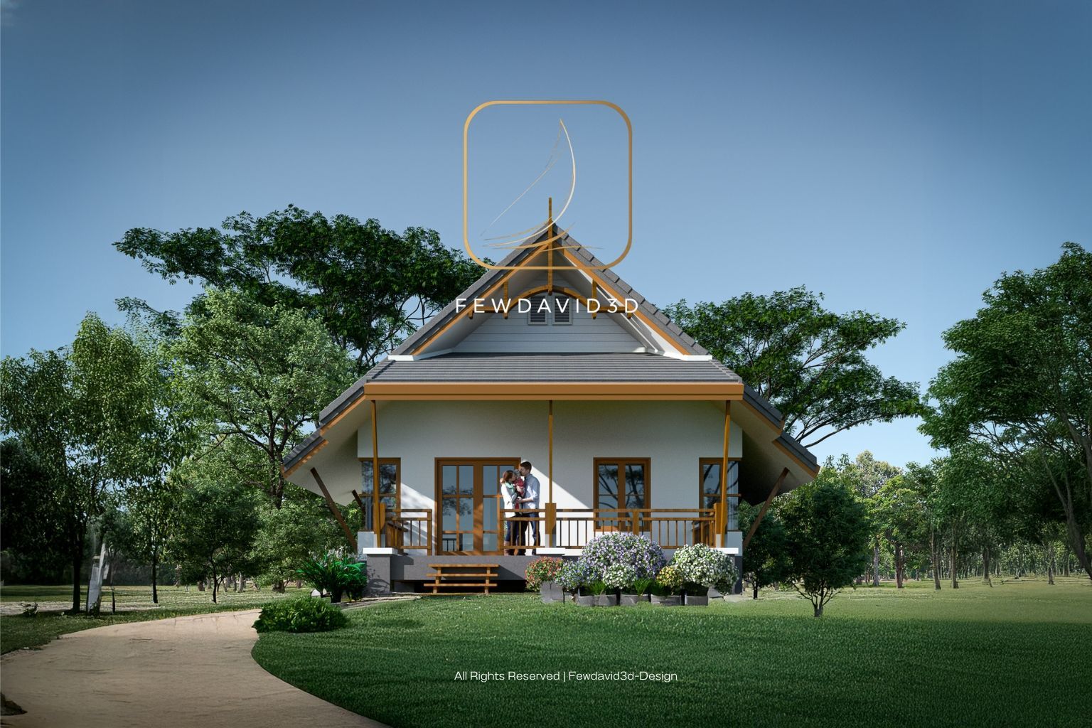 ภาพบ้านสำเร็จรูป 2 ห้องนอน 1 ห้องน้ำ มุมมองด้านหน้า พร้อมระเบียงและหลังคามะนิลา