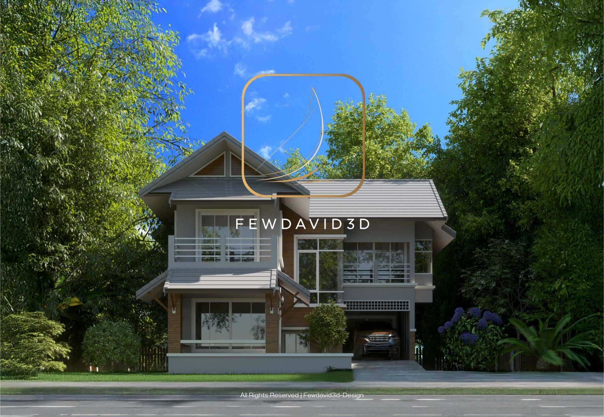 บ้านสองชั้นสไตล์โมเดิร์น-ทรอปิคอล หลังคาทรงจั่ว พื้นที่รอบบ้านล้อมด้วยต้นไม้และสวนสีเขียว มีโรงจอดรถและหน้าบ้านที่กว้างขวาง ออกแบบโดย Fewdavid3D เพื่อผสมผสานความทันสมัยและธรรมชาติอย่างลงตัว