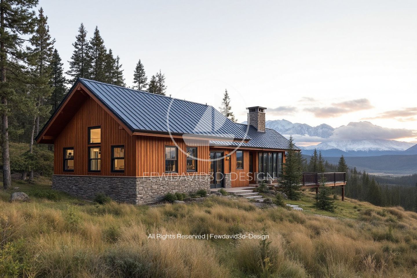 บ้านสไตล์ Mountain Lodge บนภูเขาที่มีวิวธรรมชาติและภูมิทัศน์ทุ่งหญ้า กำแพงไม้และฐานหินตกแต่งช่วยเสริมความอบอุ่น หน้าต่างกระจกขนาดใหญ่รับแสงอาทิตย์และเปิดรับทัศนียภาพรอบด้าน