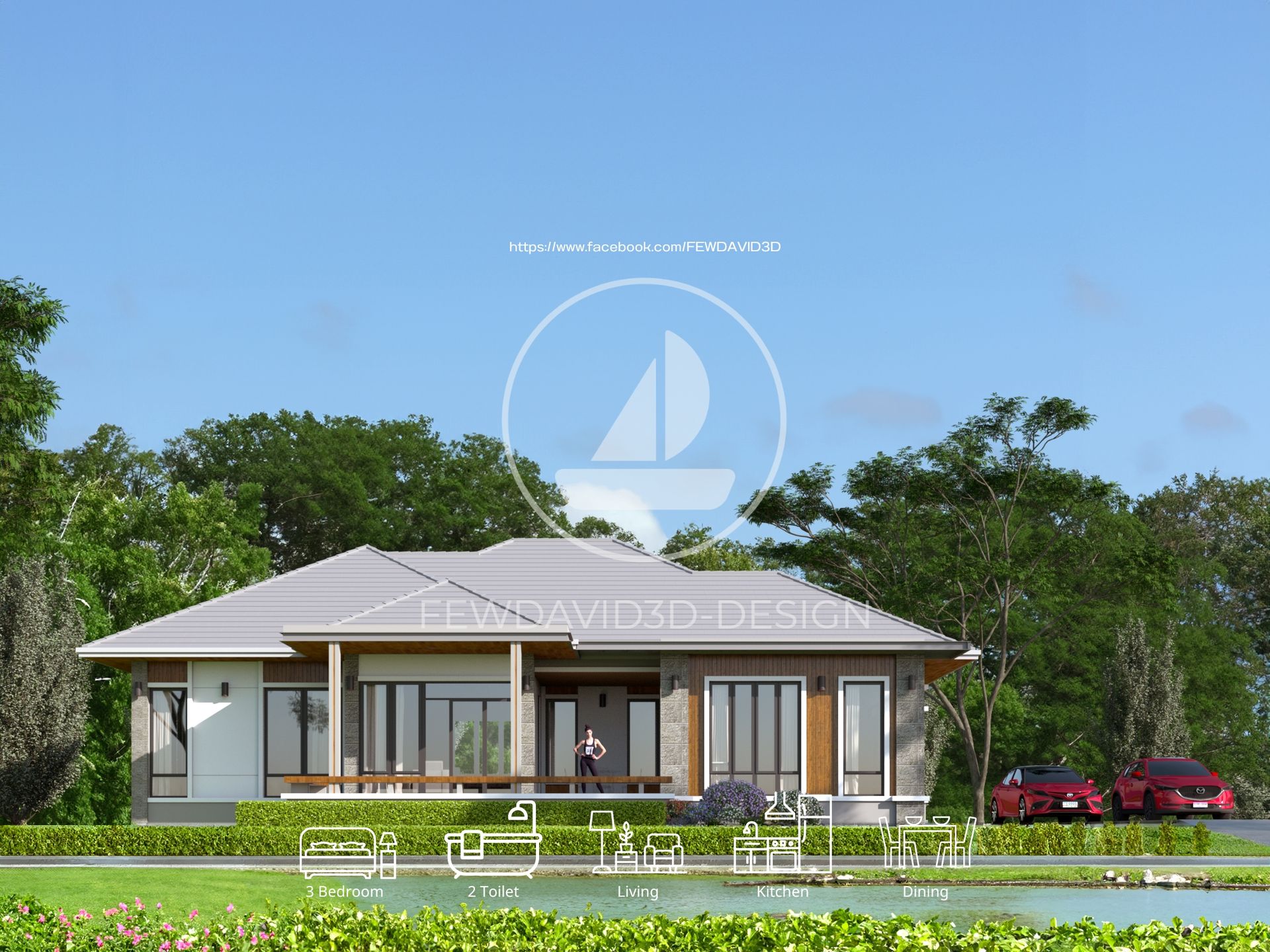 แบบบ้านชั้นเดียว 3 ห้องนอน 2 ห้องน้ำ สไตล์โมเดิร์นทรอปิคอลพร้อมพื้นที่สีเขียว