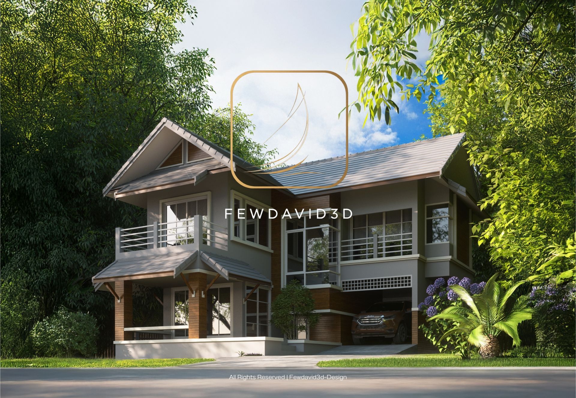 บ้านสองชั้นสไตล์โมเดิร์น-ทรอปิคอล โครงสร้างทันสมัยพร้อมหลังคาทรงจั่ว ล้อมรอบด้วยต้นไม้และสวนหย่อมสีเขียว มีโรงจอดรถและพื้นที่หน้าบ้านที่กว้างขวาง ออกแบบโดย Fewdavid3D เน้นการอยู่อาศัยที่สบายและใกล้ชิดธรรมชาติ