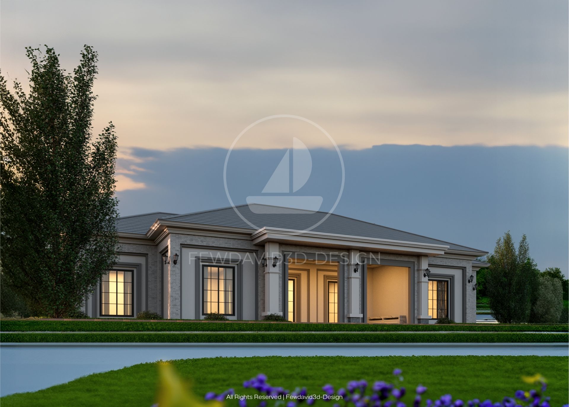 ภาพบ้านชั้นเดียวสไตล์หรูหราสมัยใหม่ โดย FEWDAVID3D-DESIGN