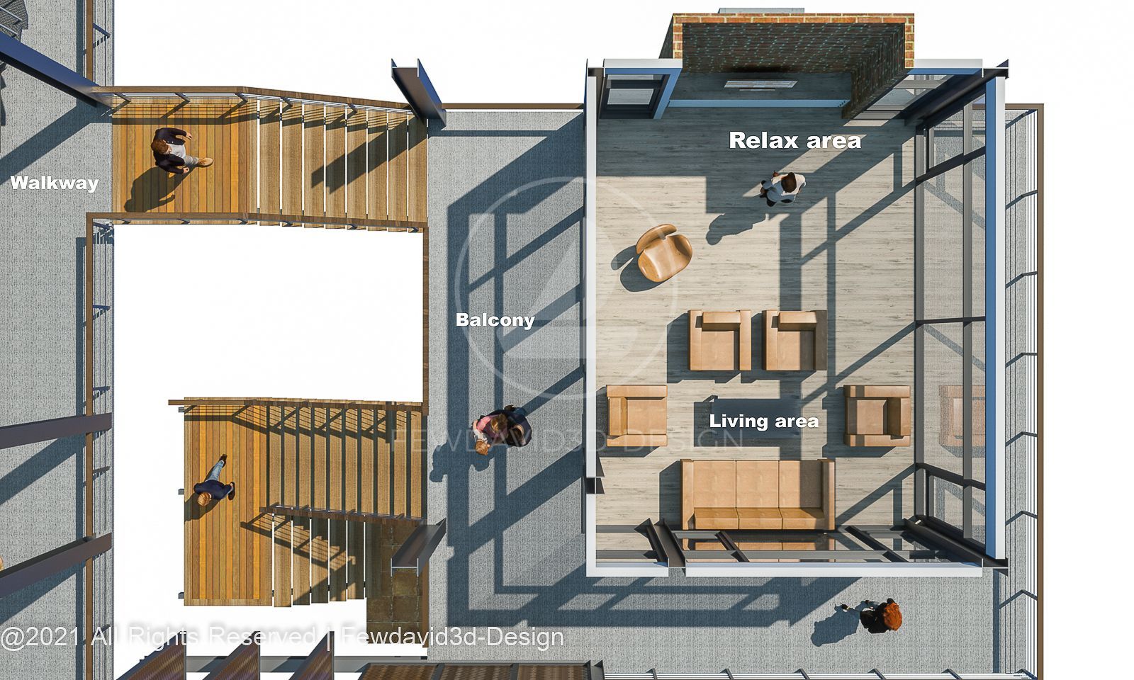 แปลนบ้านสองชั้น มุมมองจากด้านบน แสดงทางเดินและพื้นที่พักผ่อน ออกแบบโดย FEWDAVID3D-DESIGN