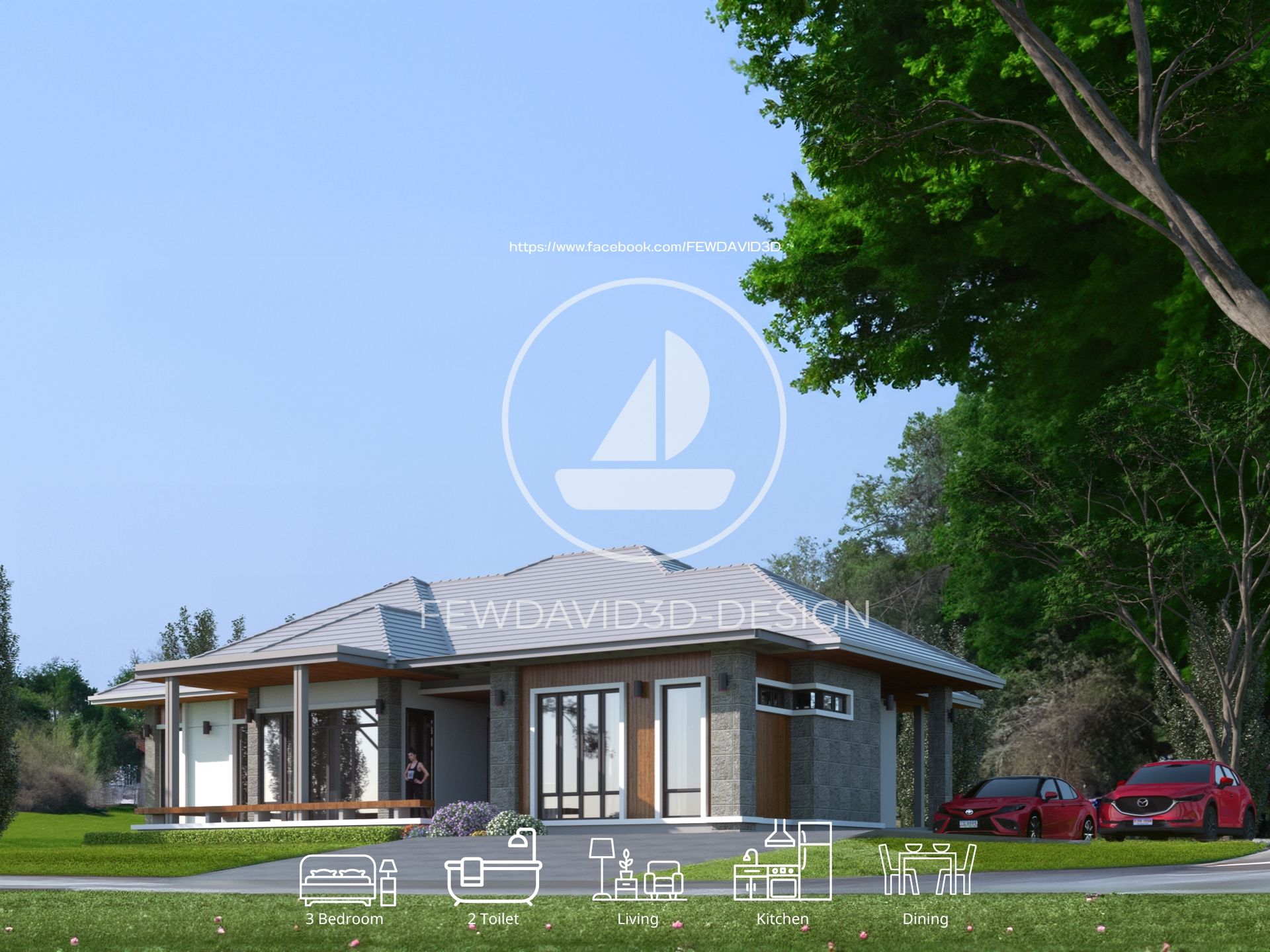 แบบบ้านชั้นเดียว 3 ห้องนอน 2 ห้องน้ำ สไตล์โมเดิร์นพร้อมพื้นที่สีเขียว