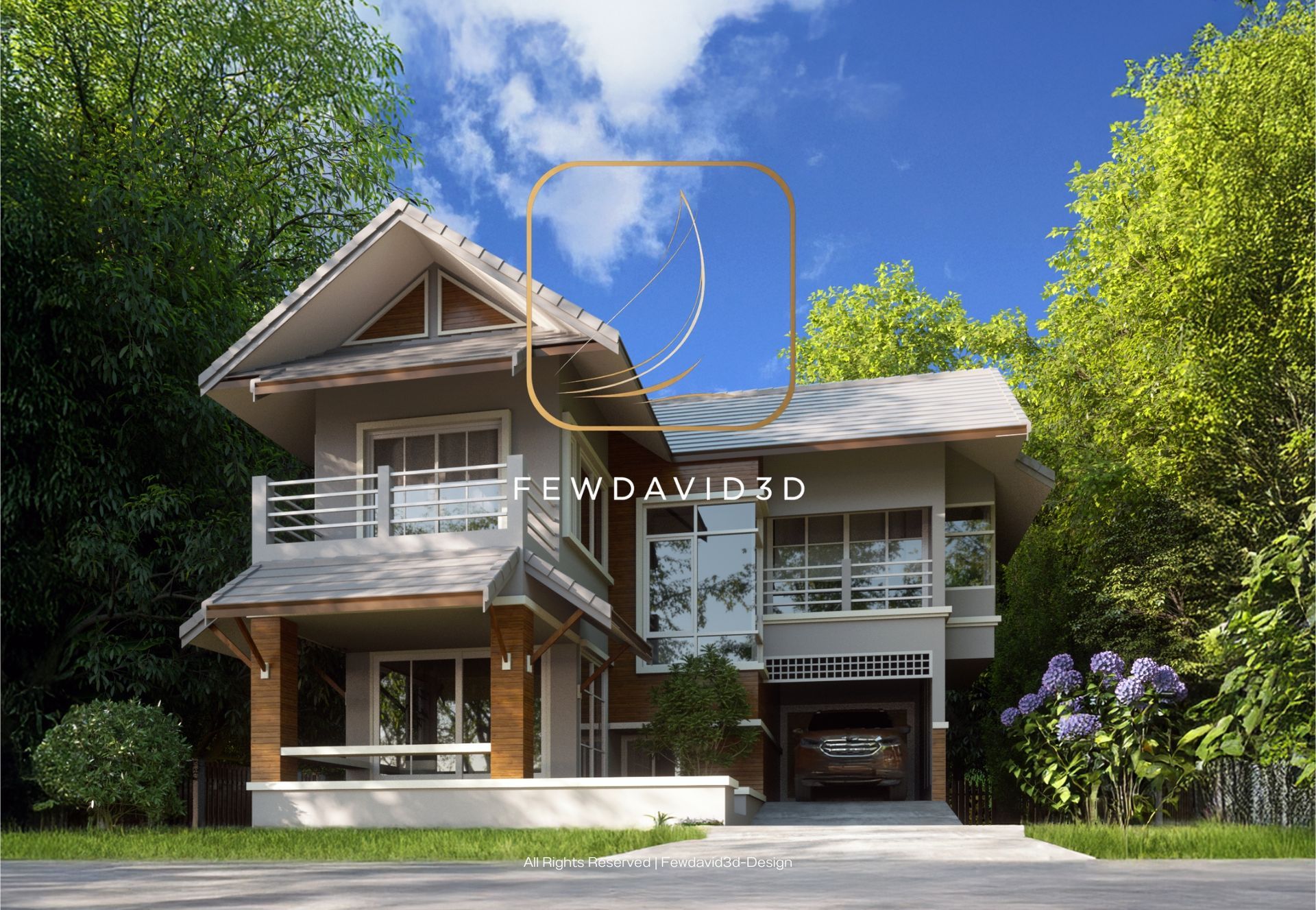 บ้านสองชั้นสไตล์โมเดิร์น-ทรอปิคอล ออกแบบเรียบง่ายและทันสมัย พร้อมหลังคาทรงจั่ว มีพื้นที่สีเขียวและต้นไม้รอบบ้าน โรงจอดรถอยู่ด้านข้าง เพิ่มความสะดวกสบายและความกลมกลืนกับธรรมชาติ ออกแบบโดย Fewdavid3D