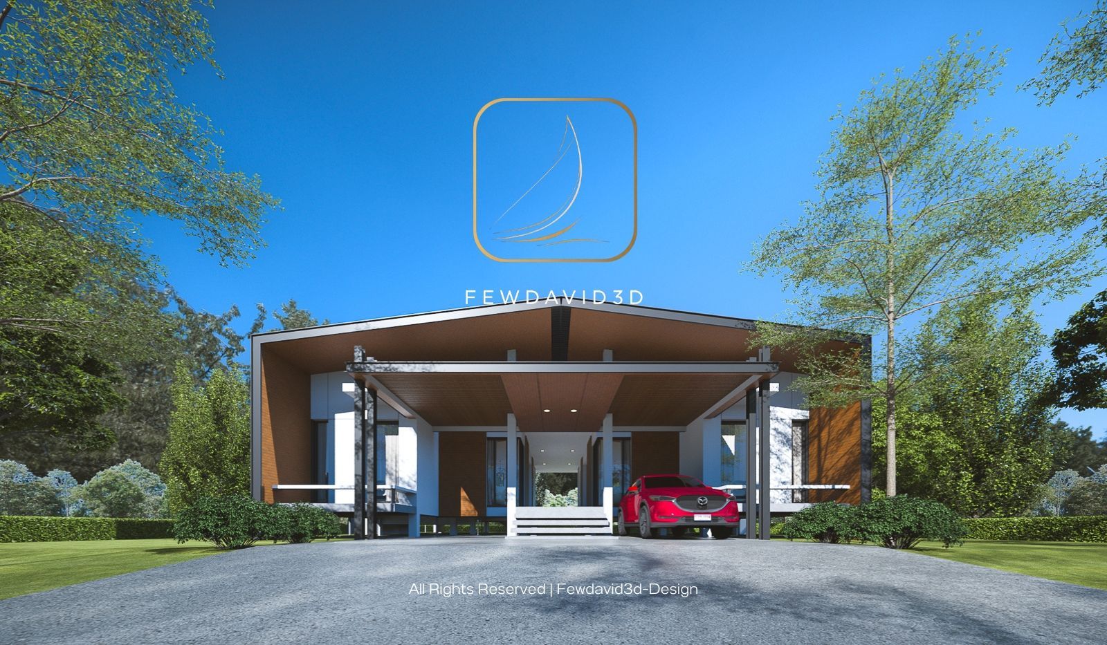 ภาพอาคารสไตล์โมเดิร์นที่ผสมผสานระหว่างสำนักงาน Co-Working Space และบ้านพักอาศัย พร้อมด้วยทางเข้าและพื้นที่จอดรถด้านหน้า รายล้อมด้วยต้นไม้และพื้นที่สีเขียว