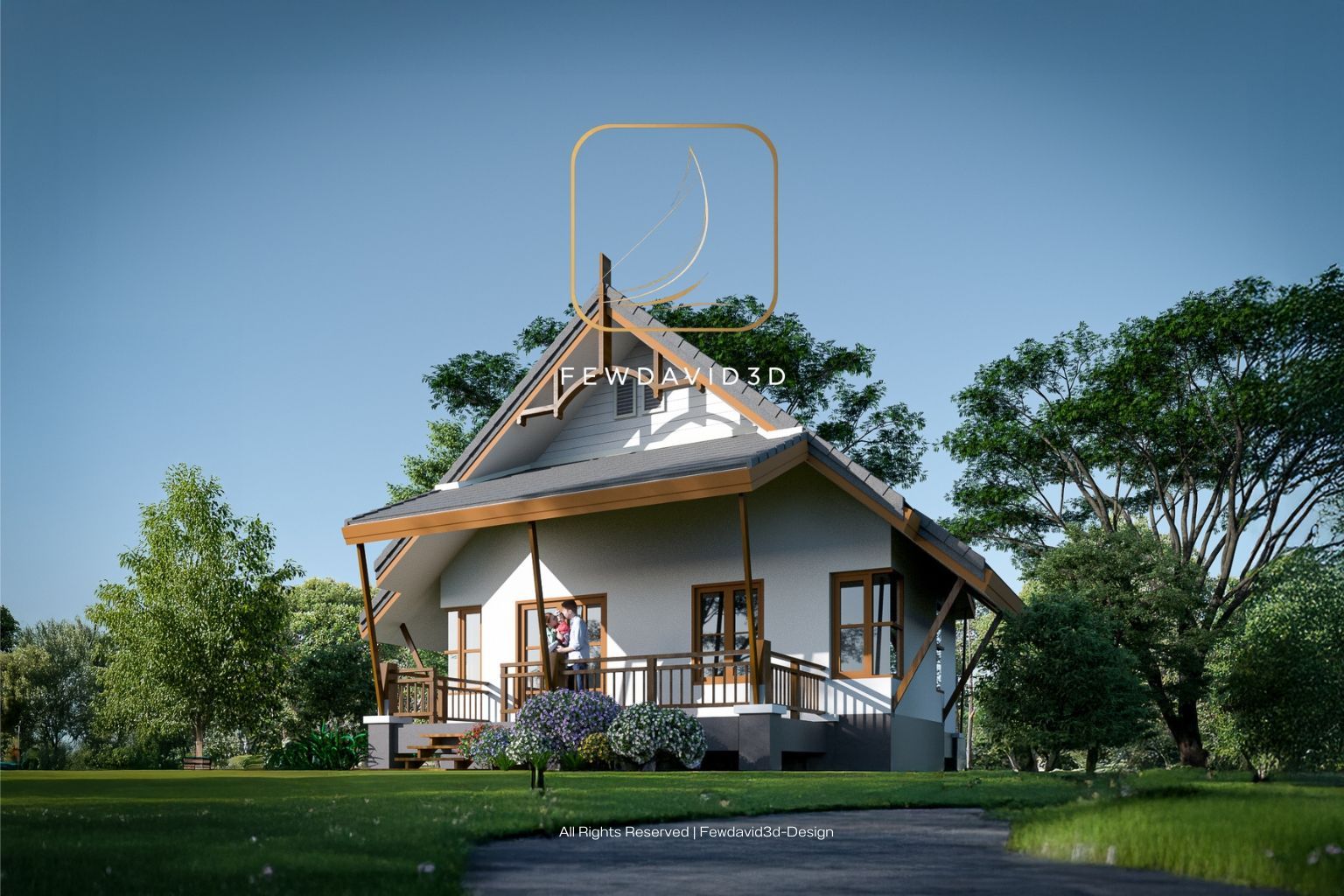 ภาพแบบบ้านชั้นเดียวสไตล์บ้านสวน ขนาดกะทัดรัด มีระเบียงหน้าบ้าน เหมาะสำหรับครอบครัวเล็ก ออกแบบโดย FEWDAVID STUDIO