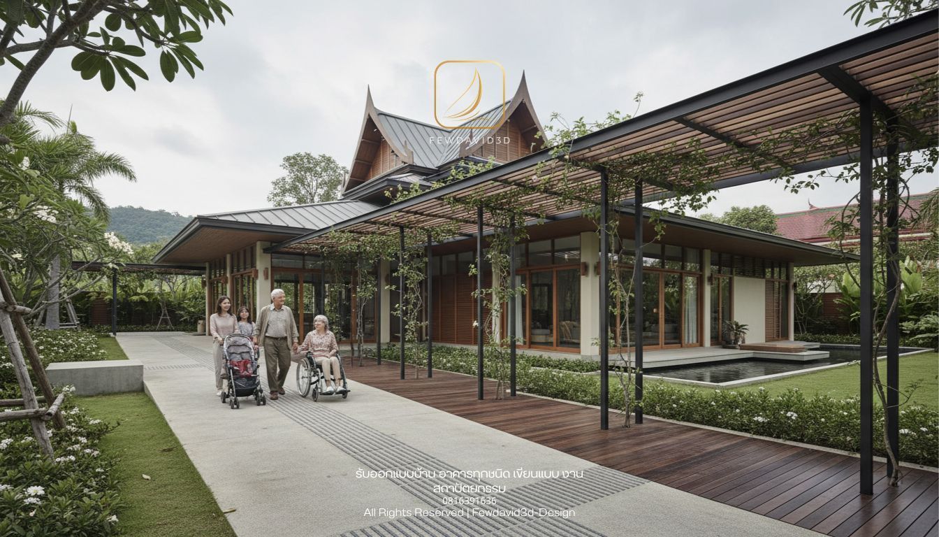 Single-storey house designed with universal design principles, barrier-free entrance, wide walkways, no steps, elderly-friendly home, modern Thai architecture, shaded walkway, tactile-friendly materials, soft overcast light, realistic proportions, architectural realism, human-scale references, Thailand context --ar 4:5