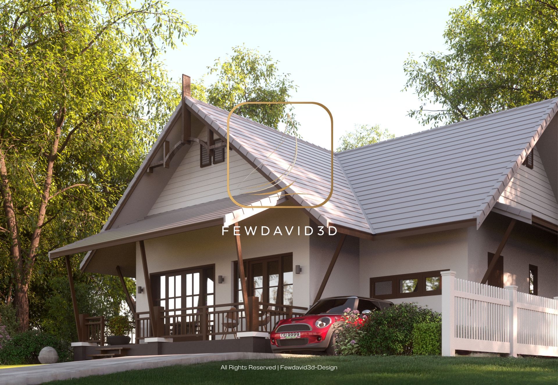 บ้านเดี่ยวสไตล์คอทเทจหลังคาจั่วสีเทาอ่อน ตั้งอยู่ในพื้นที่สีเขียวล้อมรอบด้วยต้นไม้และรั้วไม้สีขาว มีระเบียงไม้ด้านหน้าและโรงจอดรถด้านข้าง พร้อมรถยนต์สีแดงที่จอดอยู่ รายละเอียดการออกแบบให้ความรู้สึกเรียบง่ายและอบอุ่น เหมาะสำหรับการใช้ชีวิตใกล้ชิดธรรมชาติ