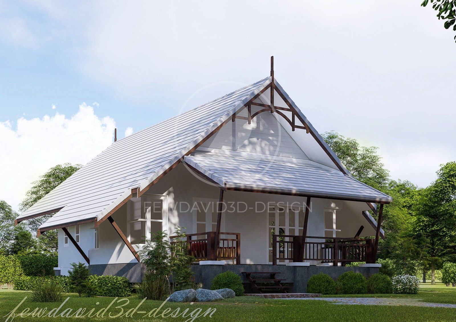 บ้านพักสไตล์ชนบทพร้อมระเบียงกว้าง