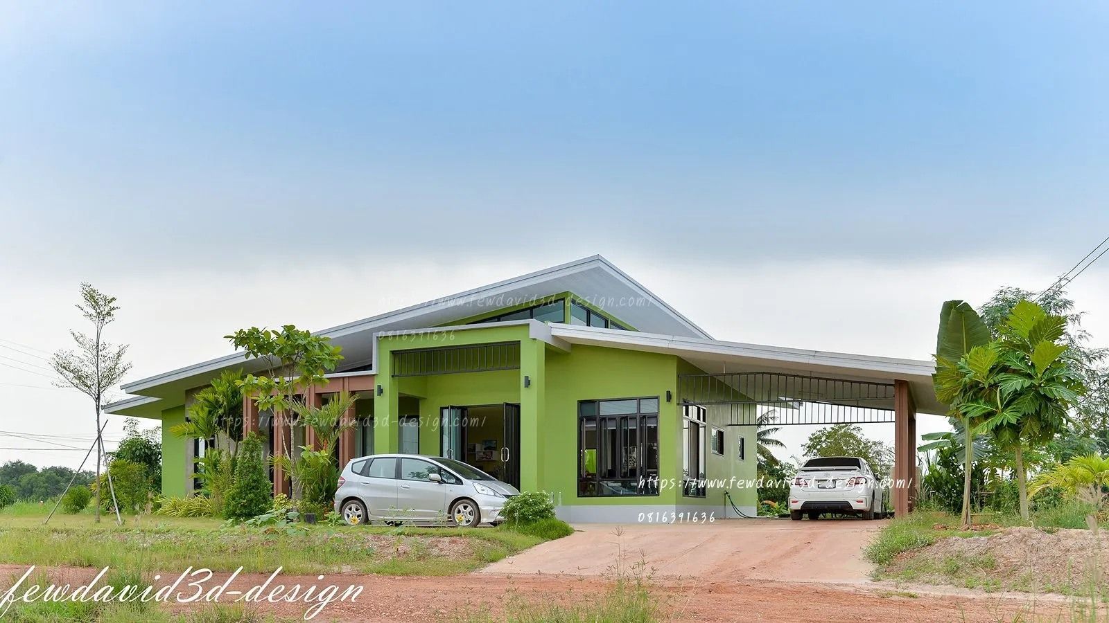 บ้านชั้นเดียว อ.แปลงยาว จ.ฉะเชิงเทรา บ้านสไตล์โมเดิร์นชั้นเดียวสีเขียวสดใส ออกแบบด้วยหลังคาทรงเพิงหมาแหงนเพิ่มความทันสมัยและช่วยระบายน้ำได้ดี มีพื้นที่ใช้สอยกว้างขวาง พร้อมเฉลียงหน้าบ้านและที่จอดรถขนาดใหญ่ โครงสร้างบ้านผสมผสานระหว่างปูน กระจก และไม้ระแนง เพิ่มความเป็นธรรมชาติและความโปร่งโล่ง รอบบ้านมีการจัดสวนเล็กๆ เพิ่มความร่มรื่น เหมาะสำหรับครอบครัวที่ต้องการบ้านแบบโมเดิร์นร่วมสมัย ท่ามกลางบรรยากาศธรรมชาติ