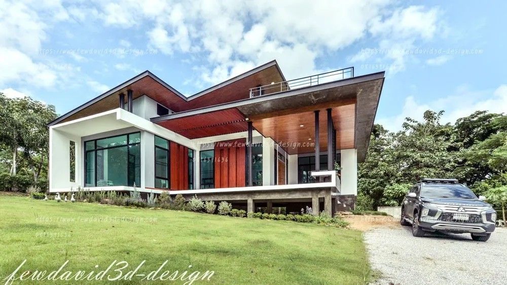 บ้านพักอาศัยชั้นเดียว มีดาดฟ้า อ.มวกเหล็ก คุณวรวิทย์ บ้านสไตล์โมเดิร์นลอฟท์สองชั้น โดดเด่นด้วยหลังคาทรงแหงนเล่นระดับ ดีไซน์เฉียบคมทันสมัย โครงสร้างใช้ปูนเปลือย กระจก และไม้ ช่วยเพิ่มความอบอุ่นและความโปร่งโล่ง ภายในมีหน้าต่างและผนังกระจกขนาดใหญ่ รับแสงธรรมชาติได้เต็มที่ พื้นที่ใช้สอยกว้างขวาง พร้อมระเบียงและดาดฟ้าสำหรับพักผ่อน รอบบ้านล้อมรอบด้วยสนามหญ้าและต้นไม้ ให้ความรู้สึกใกล้ชิดธรรมชาติ เหมาะสำหรับครอบครัวที่ต้องการบ้านดีไซน์ล้ำสมัยพร้อมฟังก์ชันที่ครบครัน