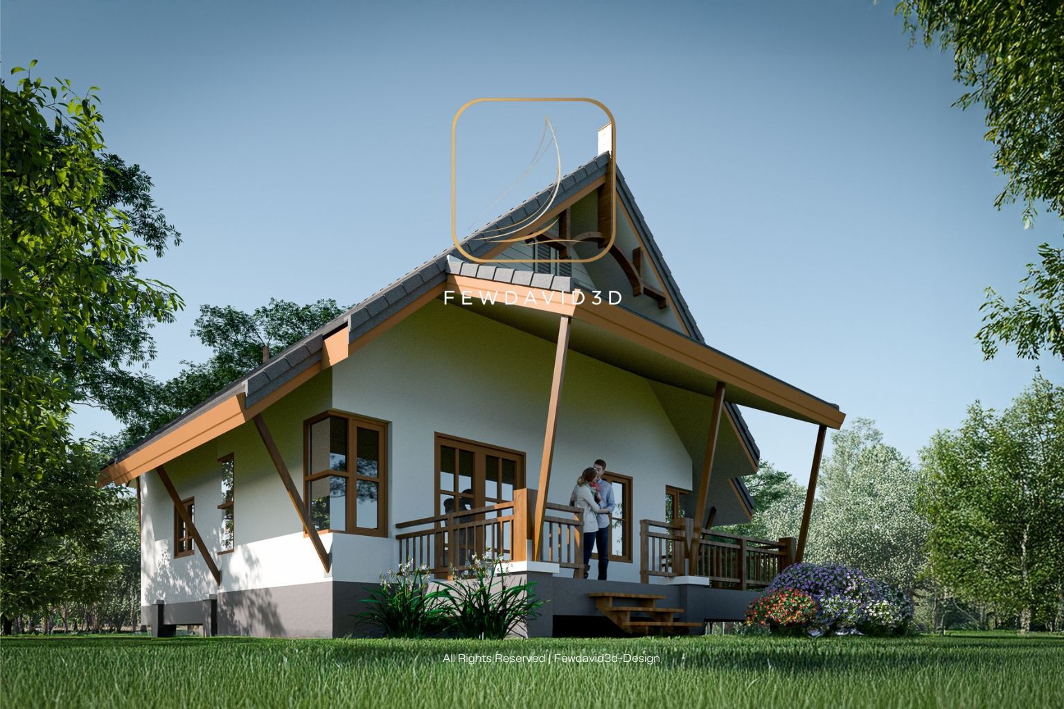 ภาพแบบบ้านชั้นเดียวสไตล์บ้านสวน ขนาดกะทัดรัด มีระเบียงหน้าบ้าน เหมาะสำหรับครอบครัวเล็ก ออกแบบโดย FEWDAVID STUDIO