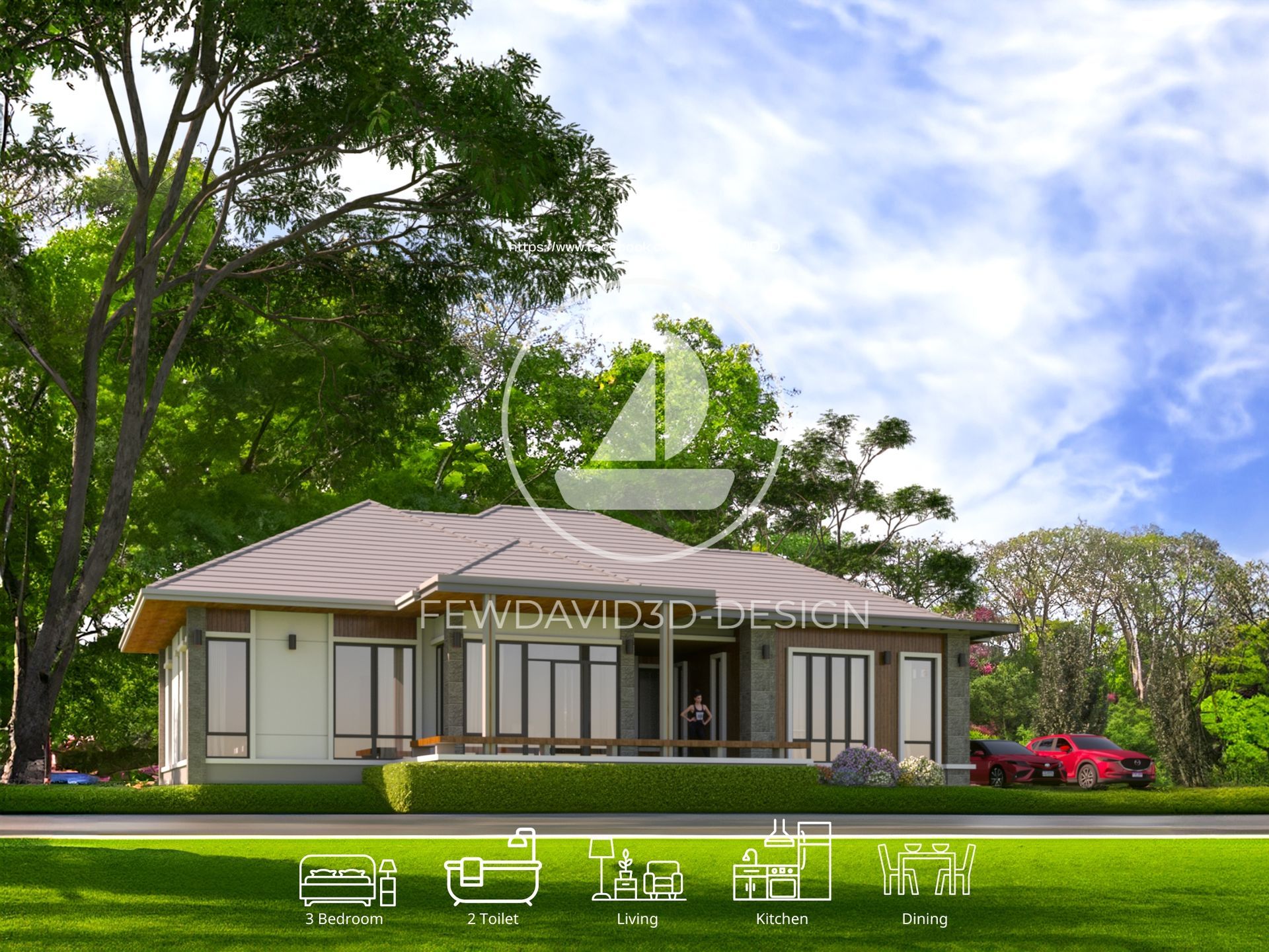 แบบบ้านชั้นเดียว 3 ห้องนอน 2 ห้องน้ำ สไตล์โมเดิร์นพร้อมพื้นที่สีเขียว