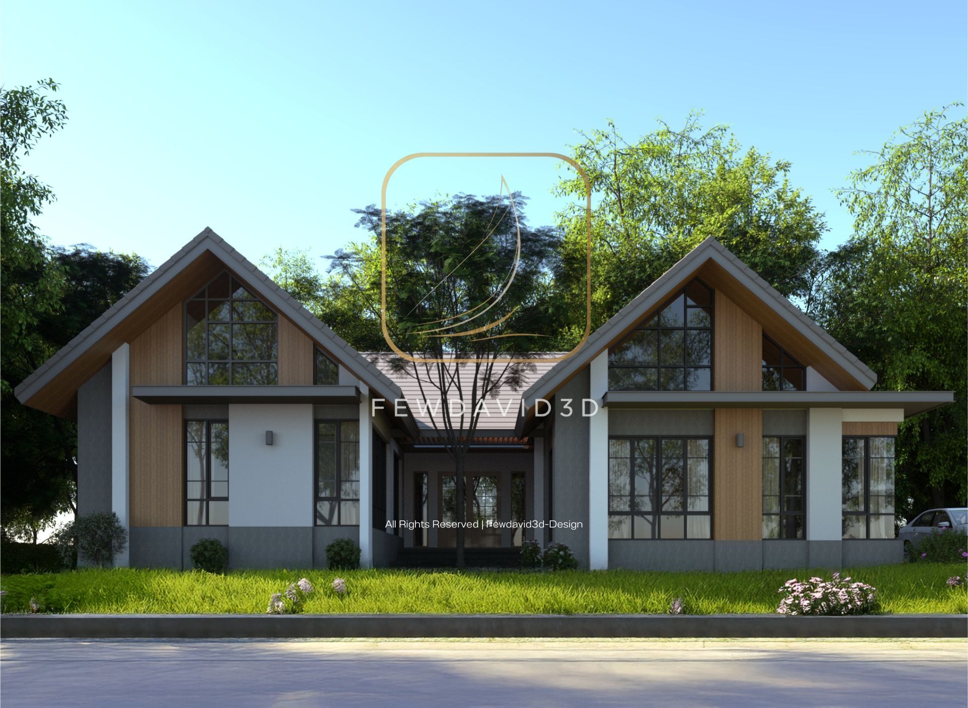 บ้านสไตล์โมเดิร์นชั้นเดียว พร้อมหลังคาทรงจั่ว ดีไซน์ทันสมัยและโปร่งโล่ง ตกแต่งด้วยไม้และกระจก ล้อมรอบด้วยสวนสีเขียวและต้นไม้ สร้างบรรยากาศที่อบอุ่นและร่มรื่น เหมาะสำหรับครอบครัว.