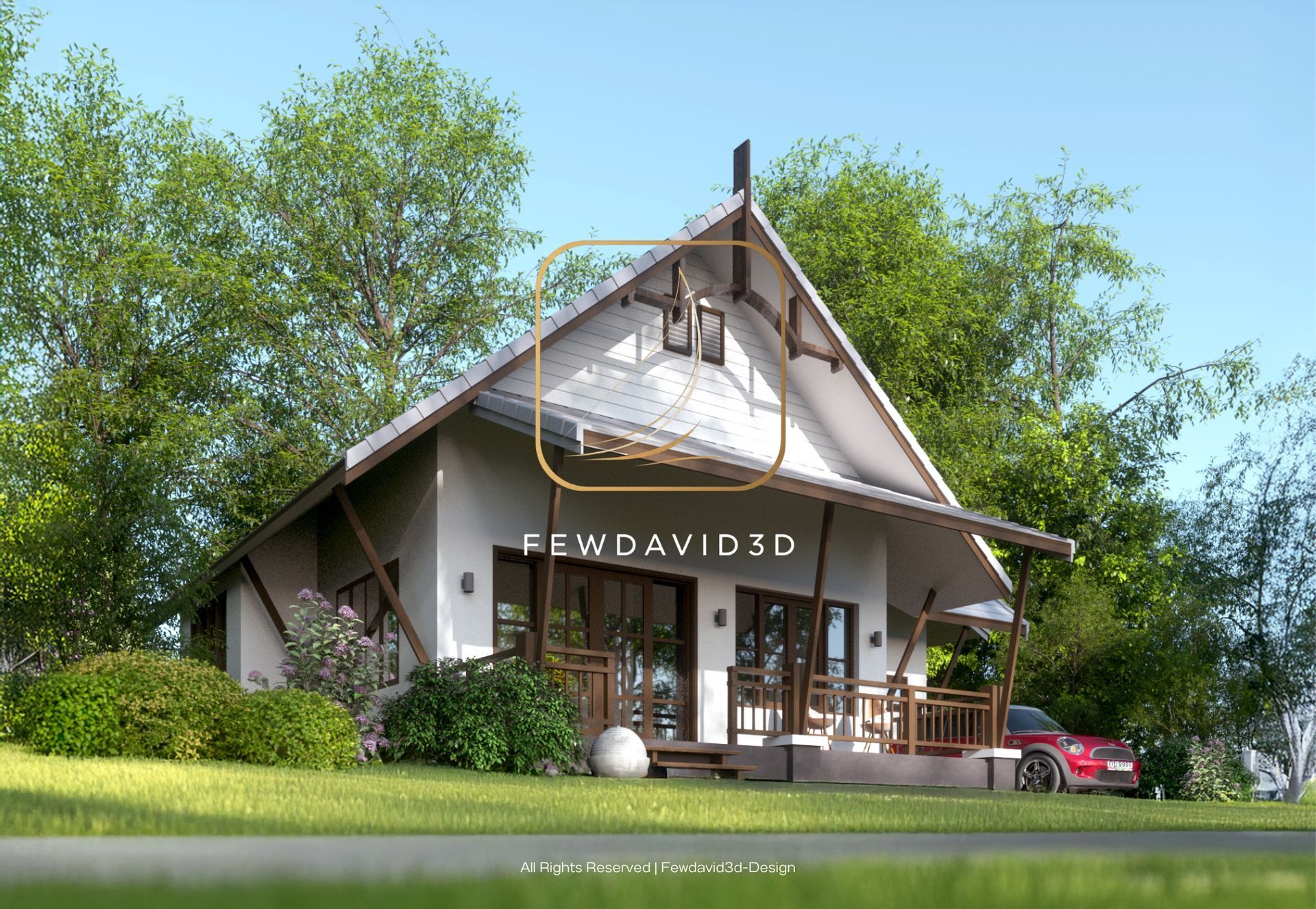 บ้านเดี่ยวสไตล์คอทเทจหลังคาจั่วสีเทาอ่อน ตั้งอยู่ในสวนสีเขียวขจี ล้อมรอบด้วยต้นไม้และพุ่มไม้ มีระเบียงไม้พร้อมพื้นที่นั่งเล่นด้านหน้า โรงจอดรถตั้งอยู่ด้านข้างพร้อมรถยนต์สีแดง ตัวบ้านออกแบบด้วยความเรียบง่ายและอบอุ่น ให้ความรู้สึกเป็นธรรมชาติและเงียบสงบ