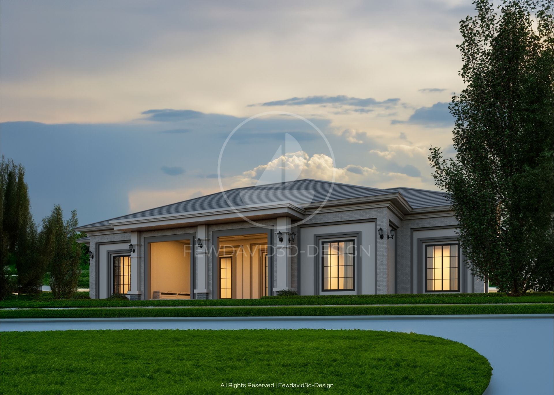 ภาพบ้านชั้นเดียวสไตล์หรูหราสมัยใหม่ โดย FEWDAVID3D-DESIGN