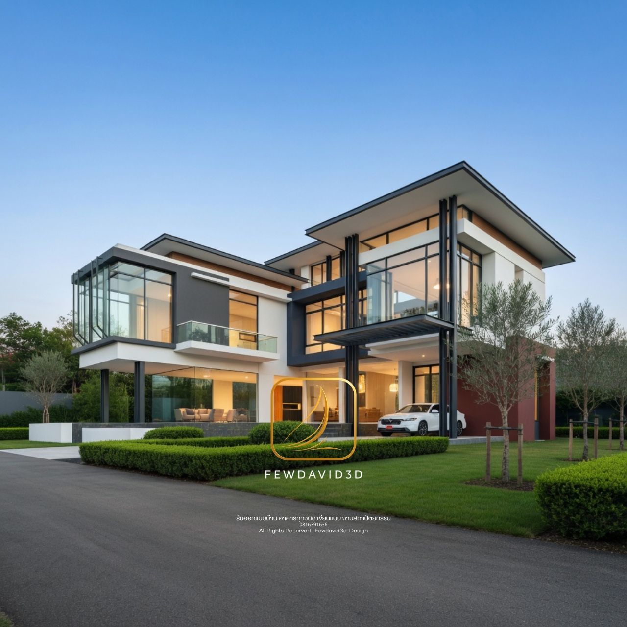 บ้านโมเดิร์นหรู 2 ชั้น กระจกโปร่ง ออกแบบโดย FEWDAVID3D