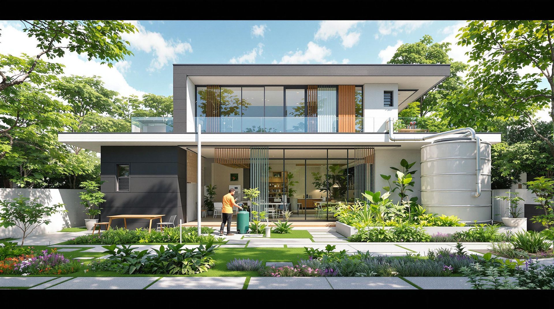 บ้านสองชั้นสไตล์โมเดิร์นพร้อมหน้าต่างกระจกบานใหญ่ ล้อมรอบด้วยสวนสีเขียวที่ตกแต่งอย่างสวยงาม ชายคนหนึ่งกำลังใช้งานถังเก็บน้ำฝนที่เชื่อมต่อกับระบบบ้าน สร้างบรรยากาศที่เป็นมิตรต่อสิ่งแวดล้อม