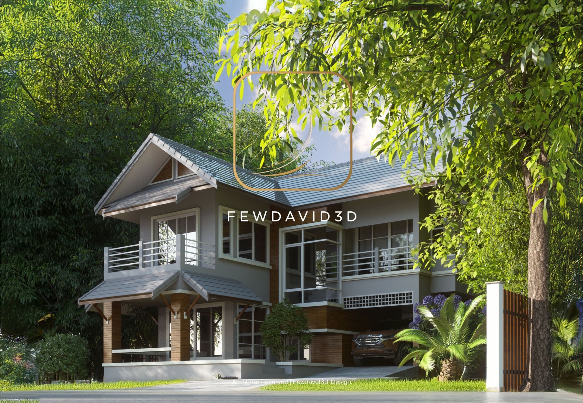 บ้านสองชั้นสไตล์โมเดิร์น-ทรอปิคอล ออกแบบเรียบง่ายและอบอุ่น พร้อมหลังคาทรงจั่วและระเบียงหน้าบ้าน รายล้อมด้วยต้นไม้ใหญ่และสวนสีเขียว มีโรงจอดรถอยู่ด้านข้าง เพิ่มความสะดวกและกลมกลืนกับธรรมชาติ ออกแบบโดย Fewdavid3D