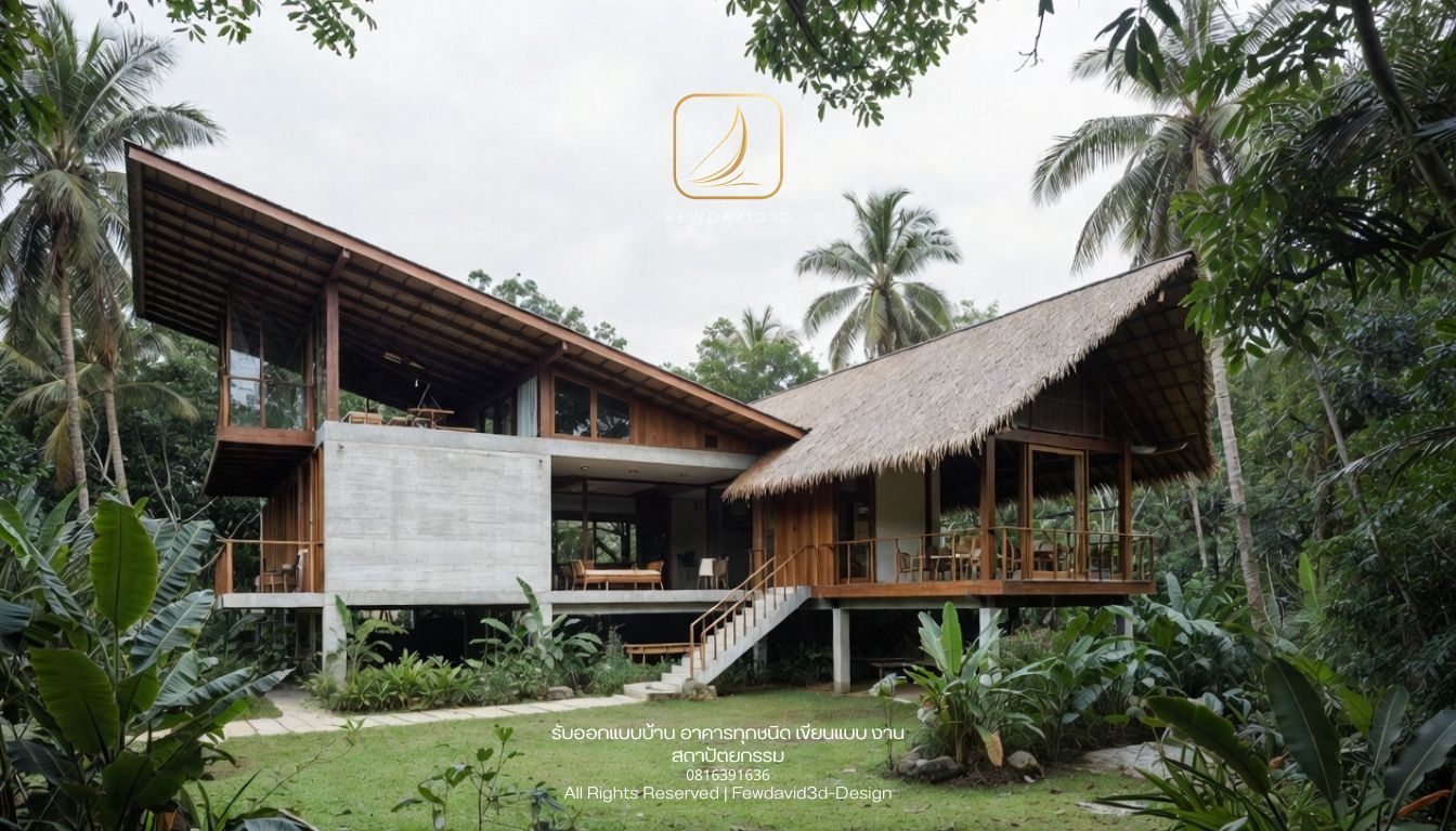 Tropical passive design house in Thailand, deep roof overhangs, cross ventilation, shaded openings, breathable architecture, realistic materials, sun and wind-responsive design, architectural visualization with technical accuracy, soft daylight, educational but beautiful --ar 4:5