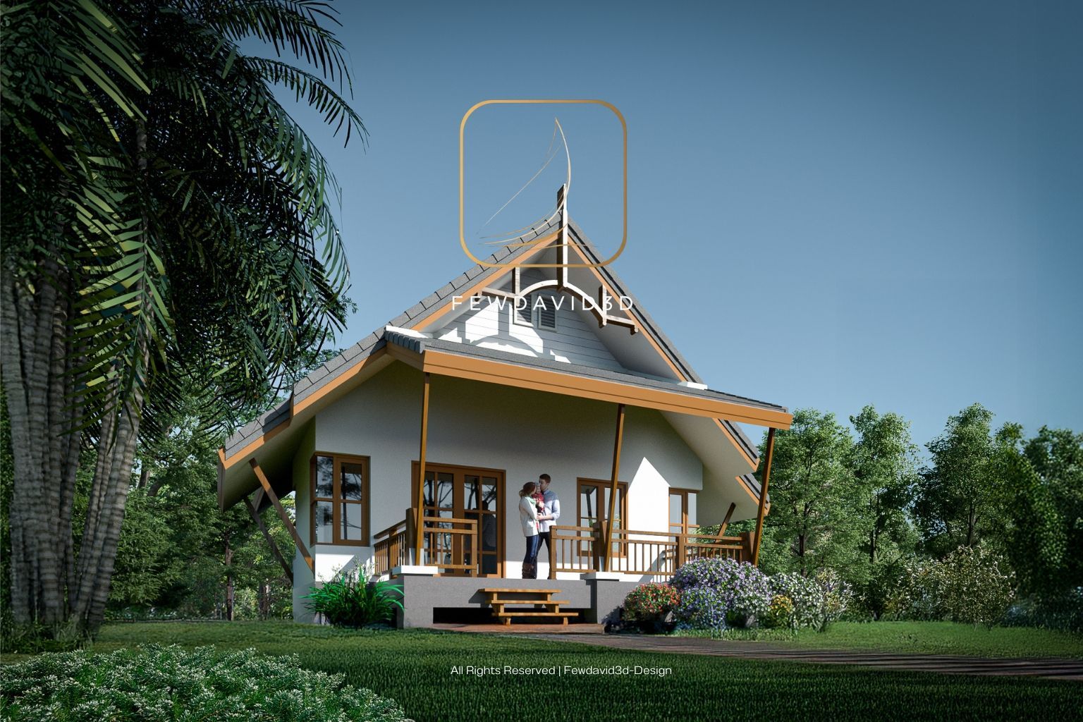 ภาพบ้านสำเร็จรูป 2 ห้องนอน 1 ห้องน้ำ มุมมองด้านหน้า พร้อมระเบียงและหลังคามะนิลา