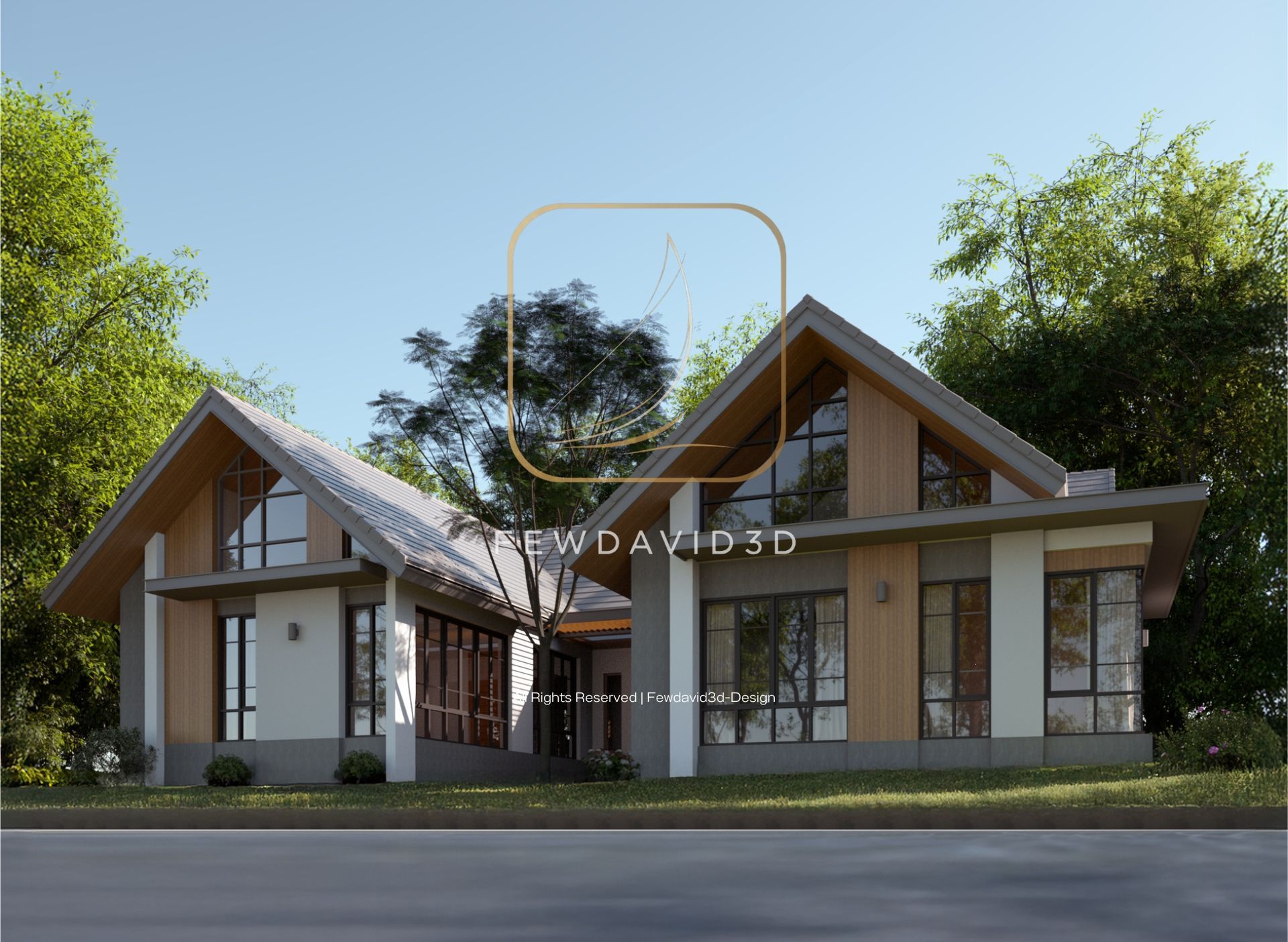 บ้านสไตล์โมเดิร์นชั้นเดียว พร้อมหลังคาทรงจั่วสองด้าน ดีไซน์อบอุ่นและทันสมัย ตกแต่งด้วยไม้และกระจกเพื่อเพิ่มความโปร่งสบาย ล้อมรอบด้วยพื้นที่สีเขียวธรรมชาติ สร้างบรรยากาศที่สงบและร่มรื่น.