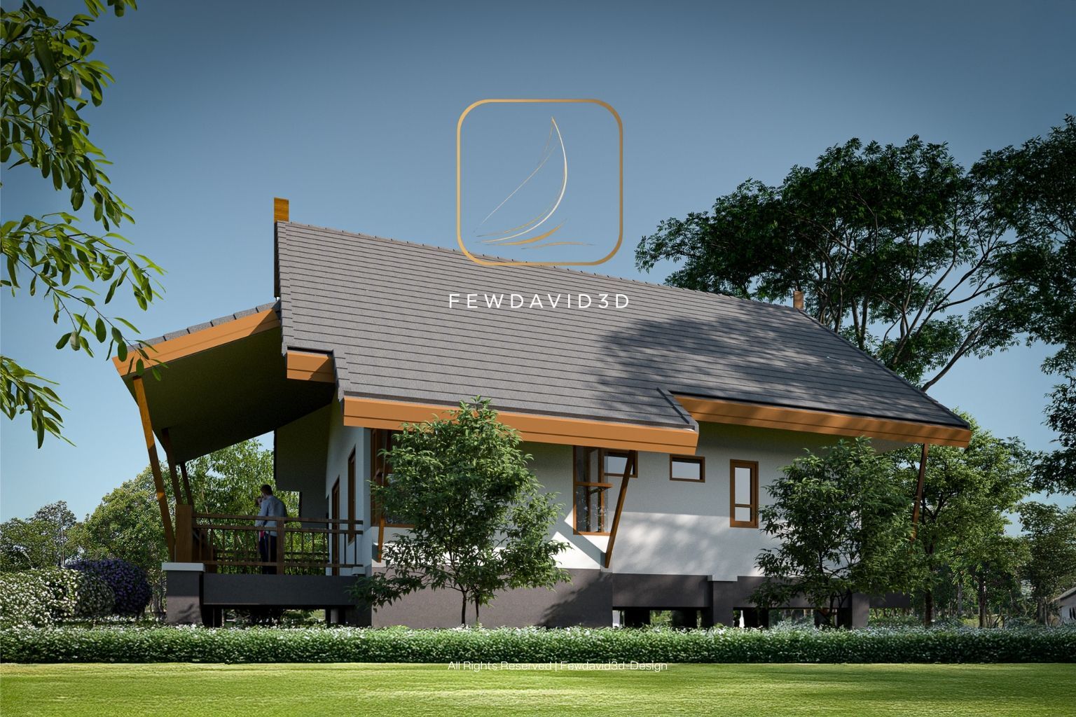 ภาพแบบบ้านชั้นเดียวสไตล์บ้านสวน ขนาดกะทัดรัด มีระเบียงหน้าบ้าน เหมาะสำหรับครอบครัวเล็ก ออกแบบโดย FEWDAVID STUDIO