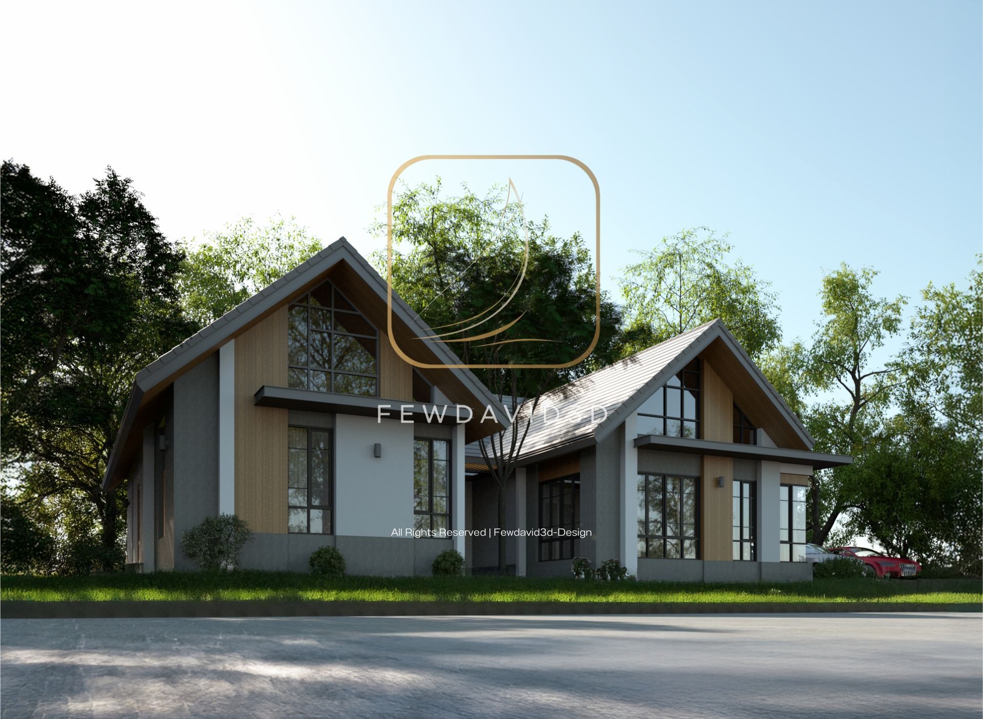 บ้านสไตล์โมเดิร์นชั้นเดียว พร้อมหลังคาทรงจั่วสองด้าน โดดเด่นด้วยการออกแบบที่เรียบง่ายแต่ทันสมัย ตัวบ้านตกแต่งด้วยไม้และกระจก ตั้งอยู่ในบรรยากาศธรรมชาติรายล้อมด้วยต้นไม้เขียวขจี เหมาะสำหรับการพักผ่อนในบรรยากาศที่สงบและร่มรื่น.