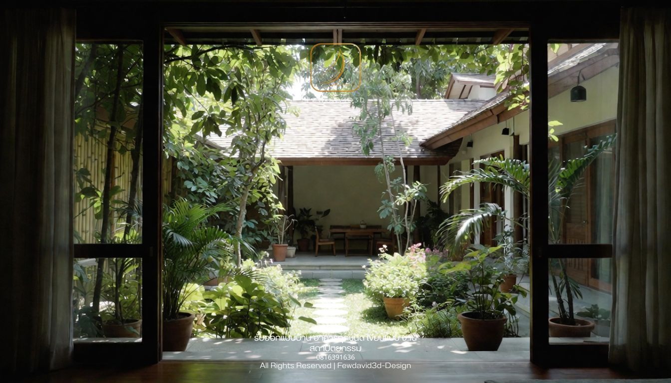 Biophilic home design for small family and elderly, indoor-outdoor connection, small garden courtyard, shaded terrace, greenery framing views, calm tropical atmosphere, soft natural light, realistic Thai residential architecture --ar 4:5