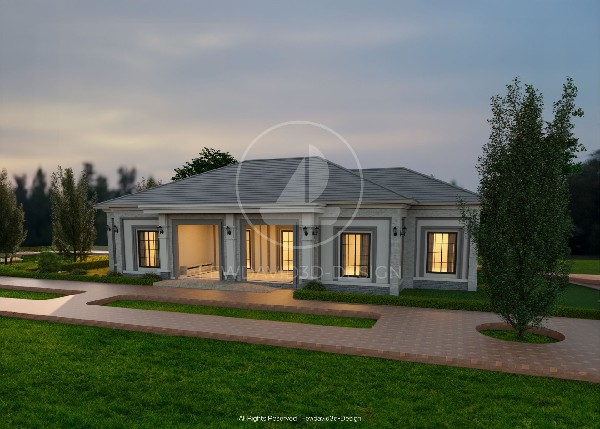 ภาพบ้านชั้นเดียวสไตล์หรูหราสมัยใหม่ โดย FEWDAVID3D-DESIGN