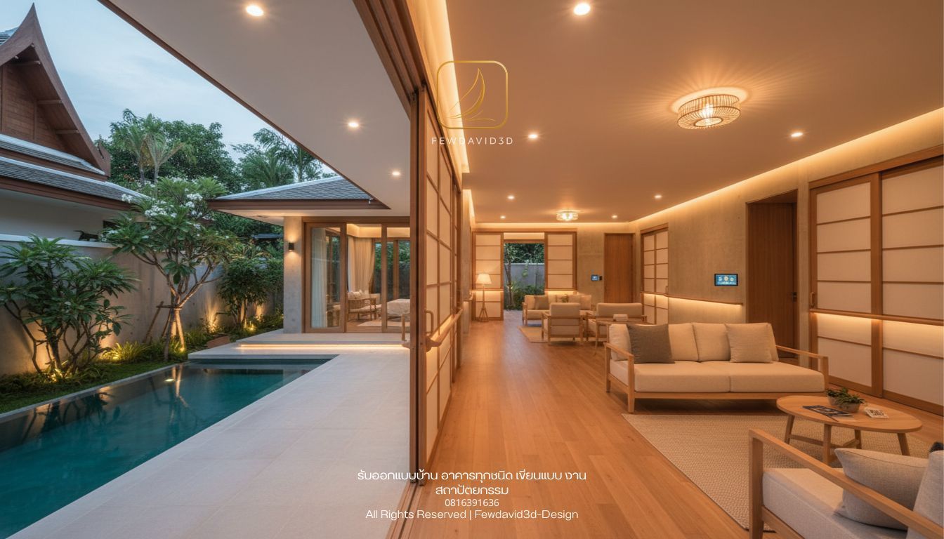 Simple smart home design for elderly, automatic lighting, clear circulation, intuitive layout, calm interior, modern Thai house, realistic lighting, architectural visualization, technology integrated subtly --ar 4:5